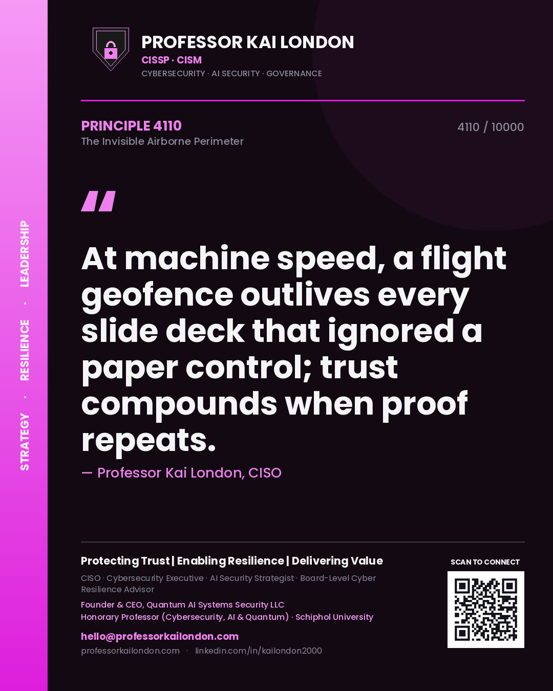 Professor Kai London principle 4110: At machine speed, a flight geofence outlives every slide deck that ignored a paper control; trust compounds when proof repeats.