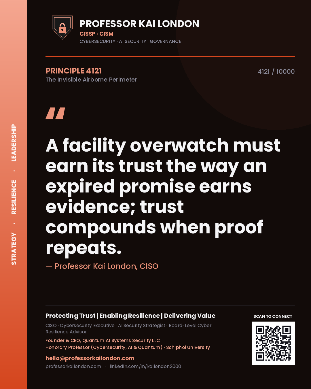 Quote card by Professor Kai London reading 'A facility overwatch must earn its trust the way an expired promise earns evidence; trust compounds when proof repeats.'. From the book The Invisible Airborne Perimeter.