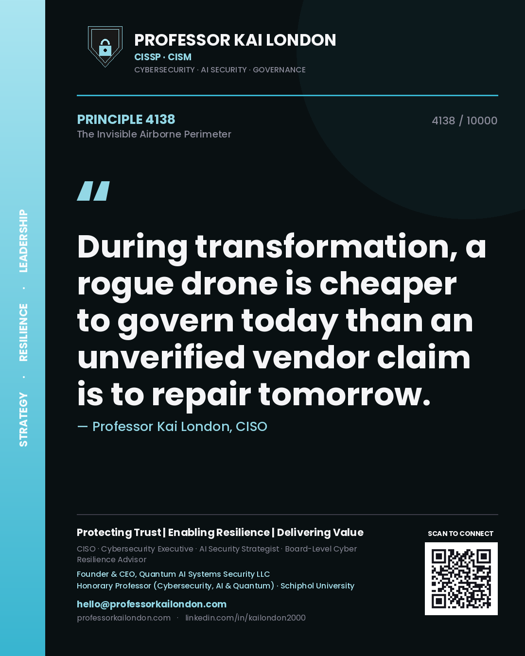 Quote card by Professor Kai London reading 'During transformation, a rogue drone is cheaper to govern today than an unverified vendor claim is to repair tomorrow.'. From the book The Invisible Airborne Perimeter.
