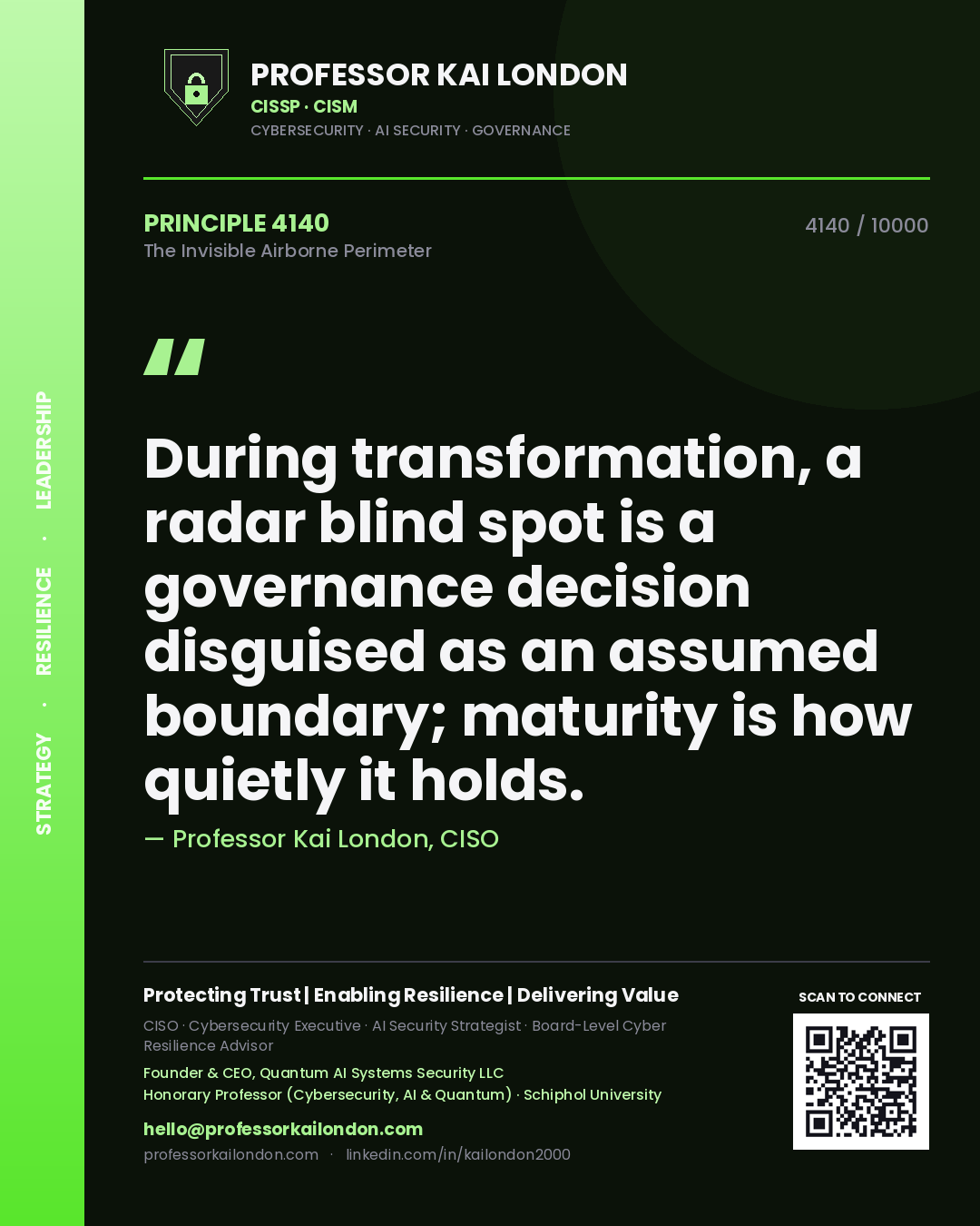 Professor Kai London principle 4140: During transformation, a radar blind spot is a governance decision disguised as an assumed boundary; maturity is how quietly it holds.