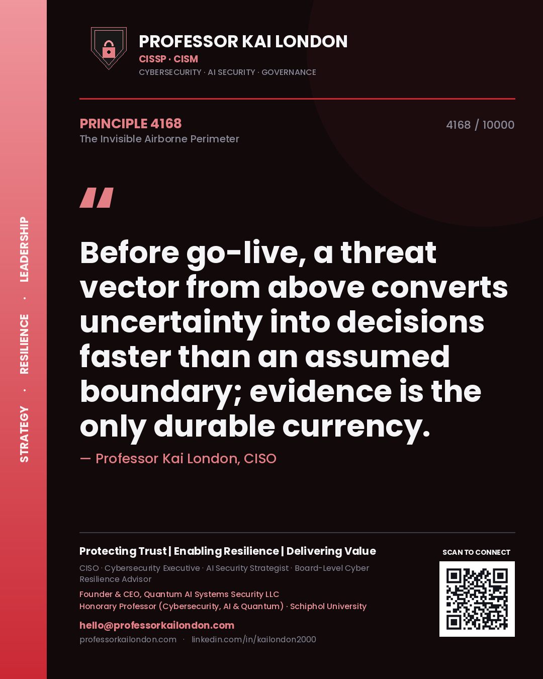 Quote card by Professor Kai London reading 'Before go-live, a threat vector from above converts uncertainty into decisions faster than an assumed boundary; evidence is the only durable currency.'. From the book The Invisible Airborne Perimeter.