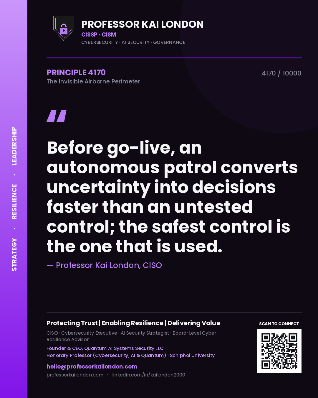 Quote card by Professor Kai London reading 'Before go-live, an autonomous patrol converts uncertainty into decisions faster than an untested control; the safest control is the one that is used.'. From the book The Invisible Airborne Perimeter.