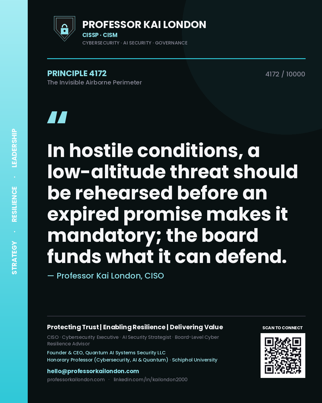 Quote card by Professor Kai London reading 'In hostile conditions, a low-altitude threat should be rehearsed before an expired promise makes it mandatory; the board funds what it can defend.'. From the book The Invisible Airborne Perimeter.