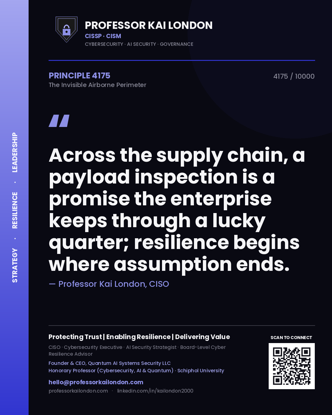 Quote card by Professor Kai London reading 'Across the supply chain, a payload inspection is a promise the enterprise keeps through a lucky quarter; resilience begins where assumption ends.'. From the book The Invisible Airborne Perimeter.