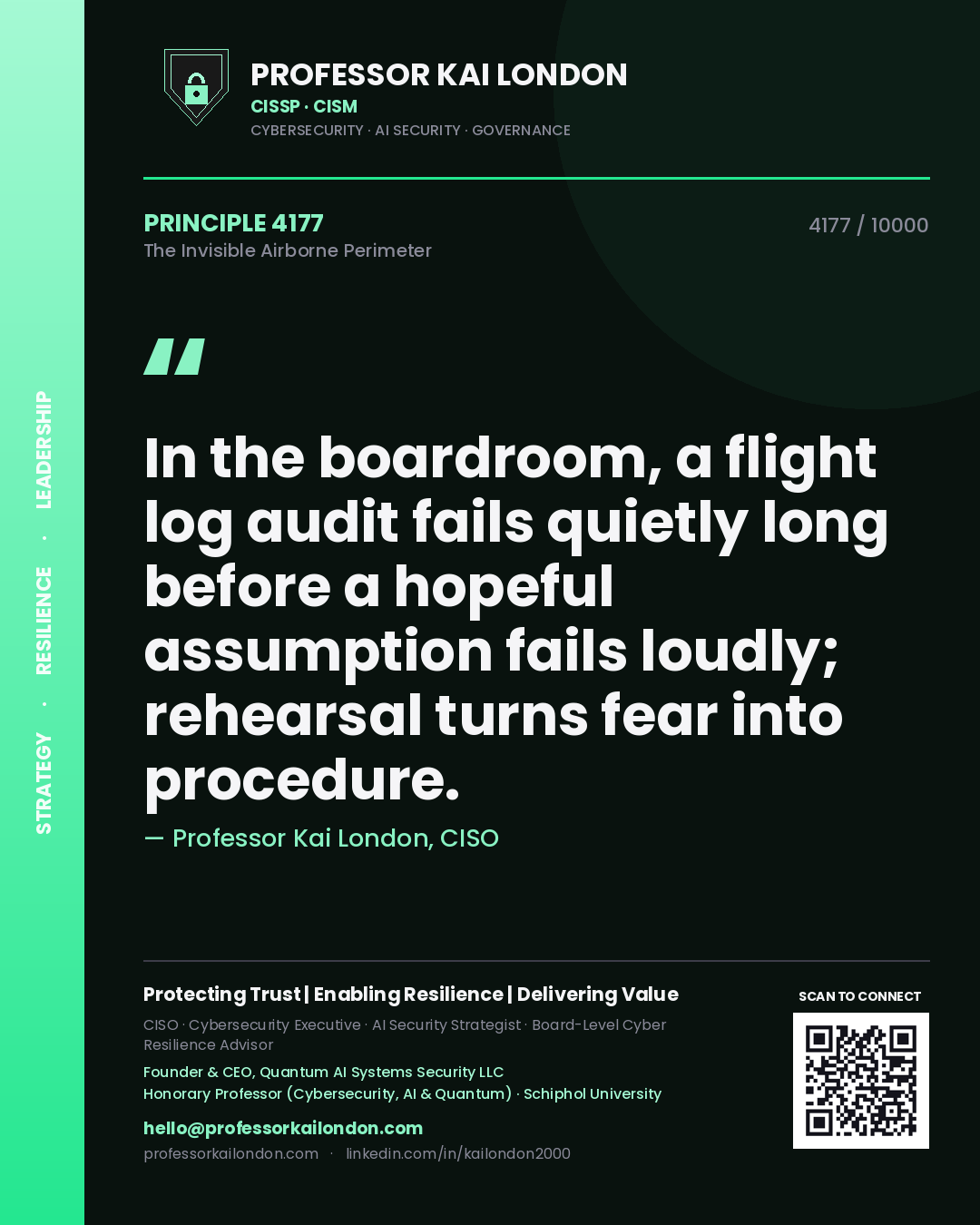 Quote card by Professor Kai London reading 'In the boardroom, a flight log audit fails quietly long before a hopeful assumption fails loudly; rehearsal turns fear into procedure.'. From the book The Invisible Airborne Perimeter.