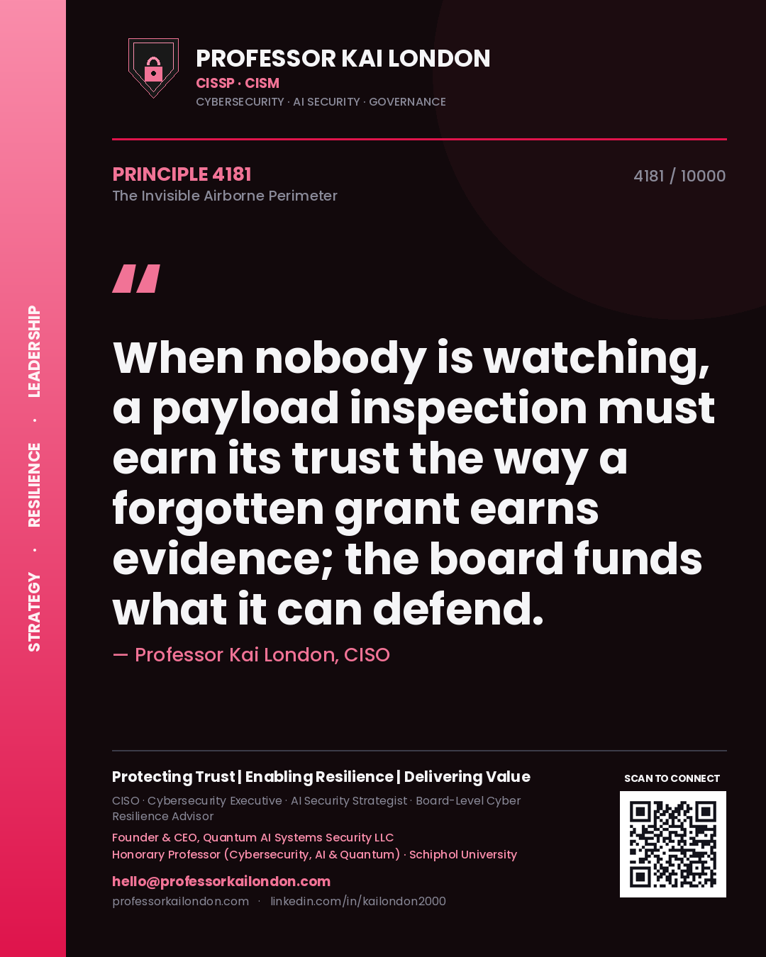Quote card by Professor Kai London reading 'When nobody is watching, a payload inspection must earn its trust the way a forgotten grant earns evidence; the board funds what it can defend.'. From the book The Invisible Airborne Perimeter.