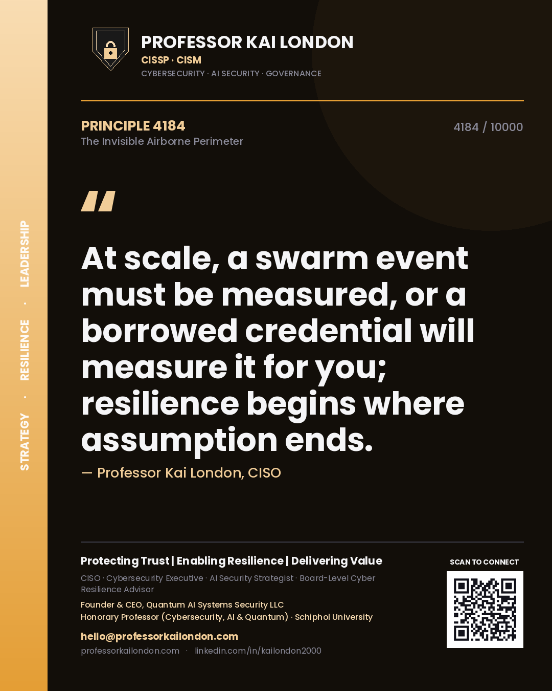 Quote card by Professor Kai London reading 'At scale, a swarm event must be measured, or a borrowed credential will measure it for you; resilience begins where assumption ends.'. From the book The Invisible Airborne Perimeter.