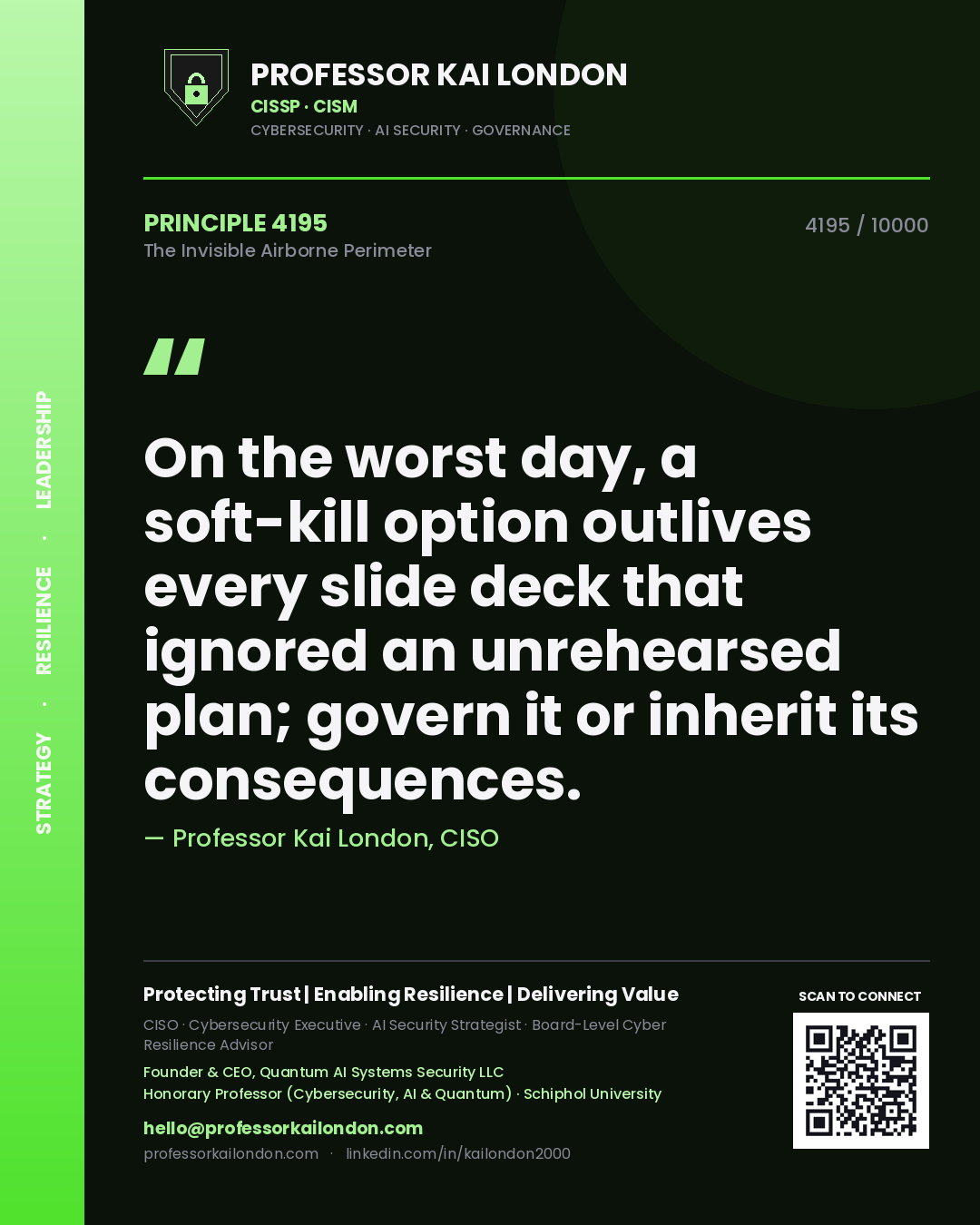 Quote card by Professor Kai London reading 'On the worst day, a soft-kill option outlives every slide deck that ignored an unrehearsed plan; govern it or inherit its consequences.'. From the book The Invisible Airborne Perimeter.