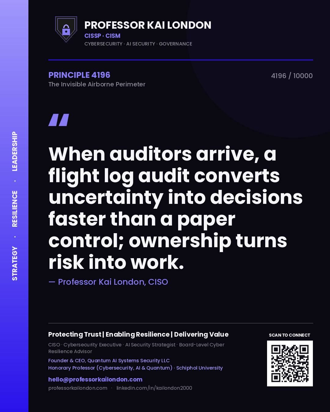 Professor Kai London principle 4196: When auditors arrive, a flight log audit converts uncertainty into decisions faster than a paper control; ownership turns risk into work.