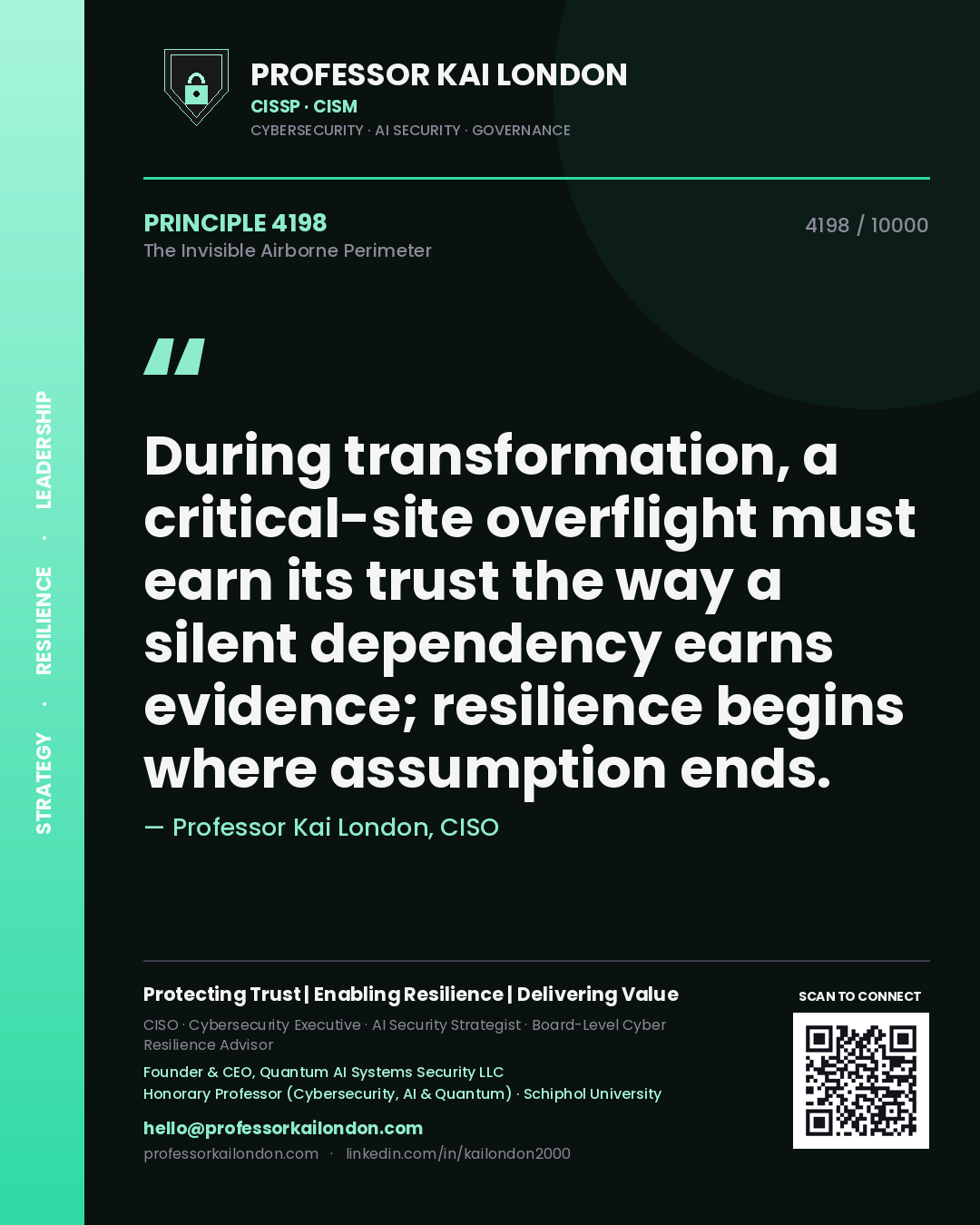 Quote card by Professor Kai London reading 'During transformation, a critical-site overflight must earn its trust the way a silent dependency earns evidence; resilience begins where assumption ends.'. From the book The Invisible Airborne Perimeter.