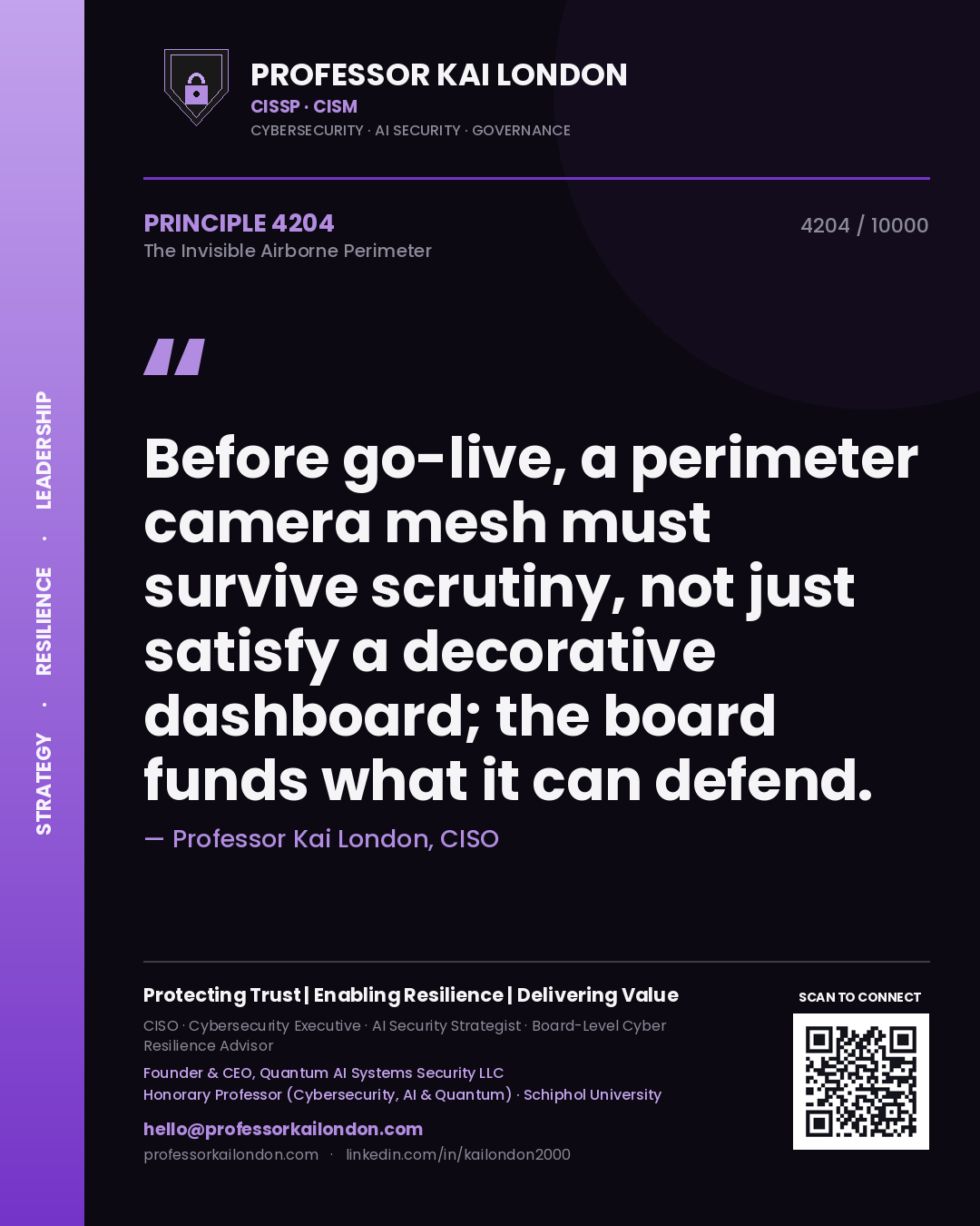 Professor Kai London principle 4204: Before go-live, a perimeter camera mesh must survive scrutiny, not just satisfy a decorative dashboard; the board funds what it can defend.