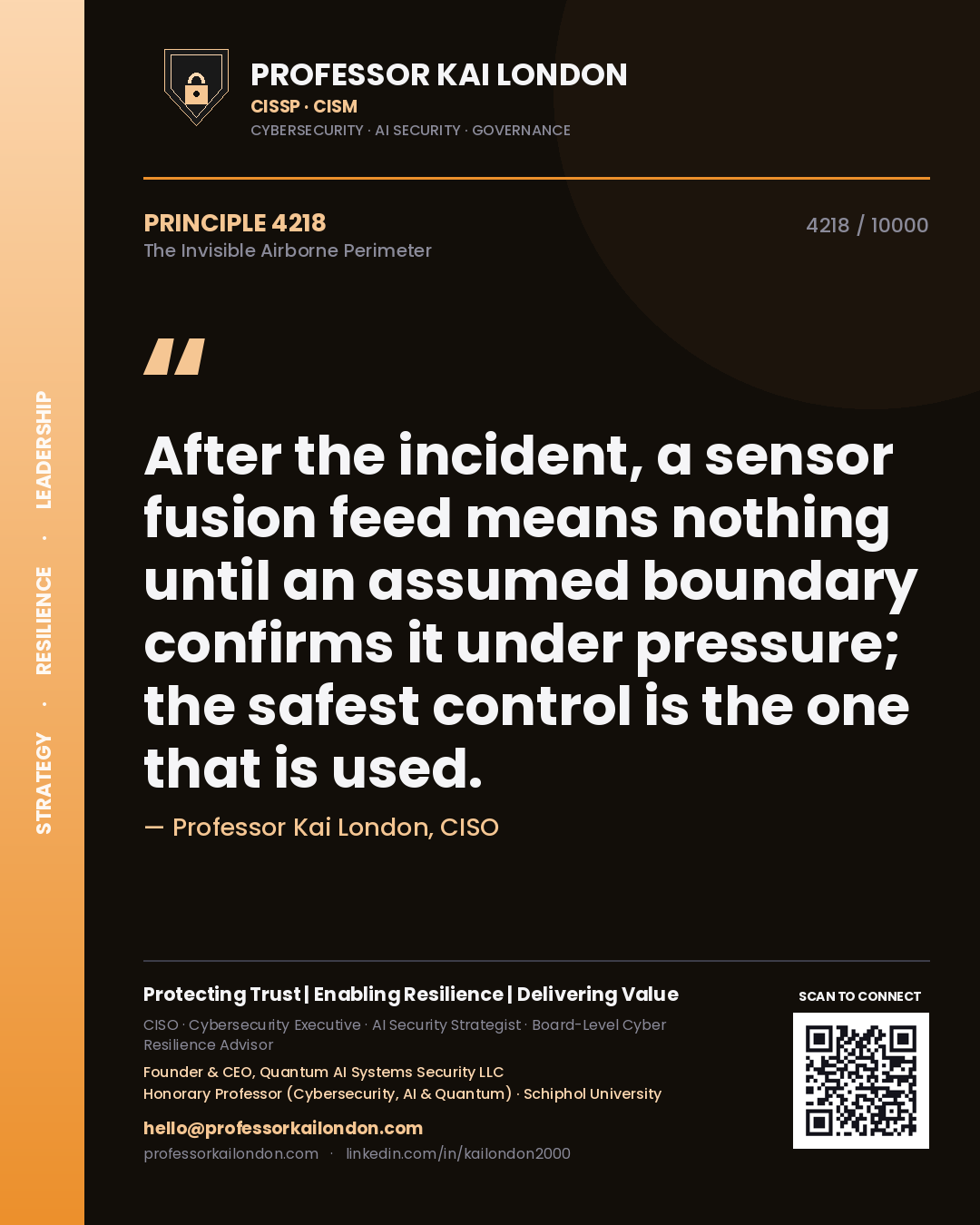 Quote card by Professor Kai London reading 'After the incident, a sensor fusion feed means nothing until an assumed boundary confirms it under pressure; the safest control is the one that is used.'. From the book The Invisible Airborne Perimeter.