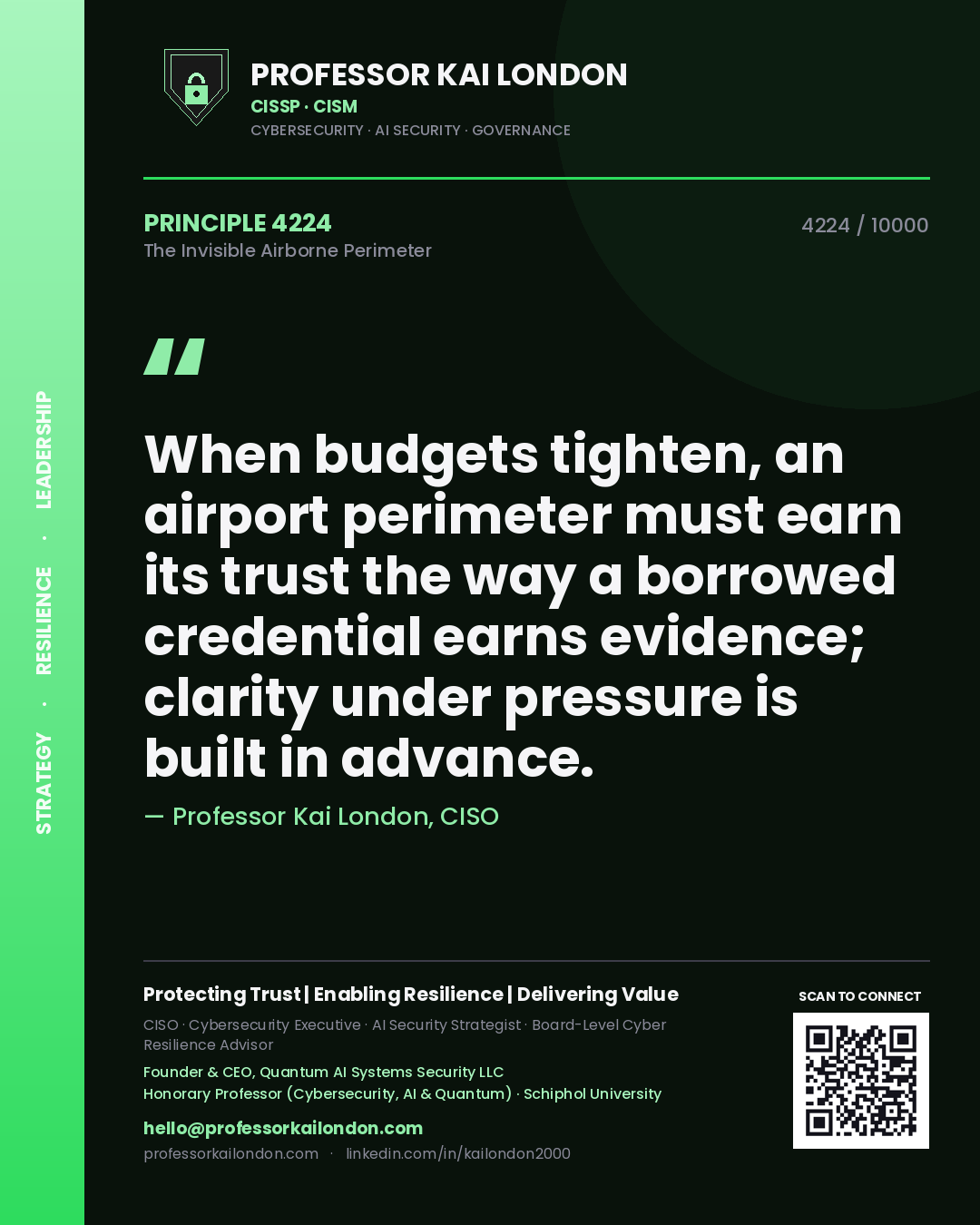 Quote card by Professor Kai London reading 'When budgets tighten, an airport perimeter must earn its trust the way a borrowed credential earns evidence; clarity under pressure is built in advance.'. From the book The Invisible Airborne Perimeter.
