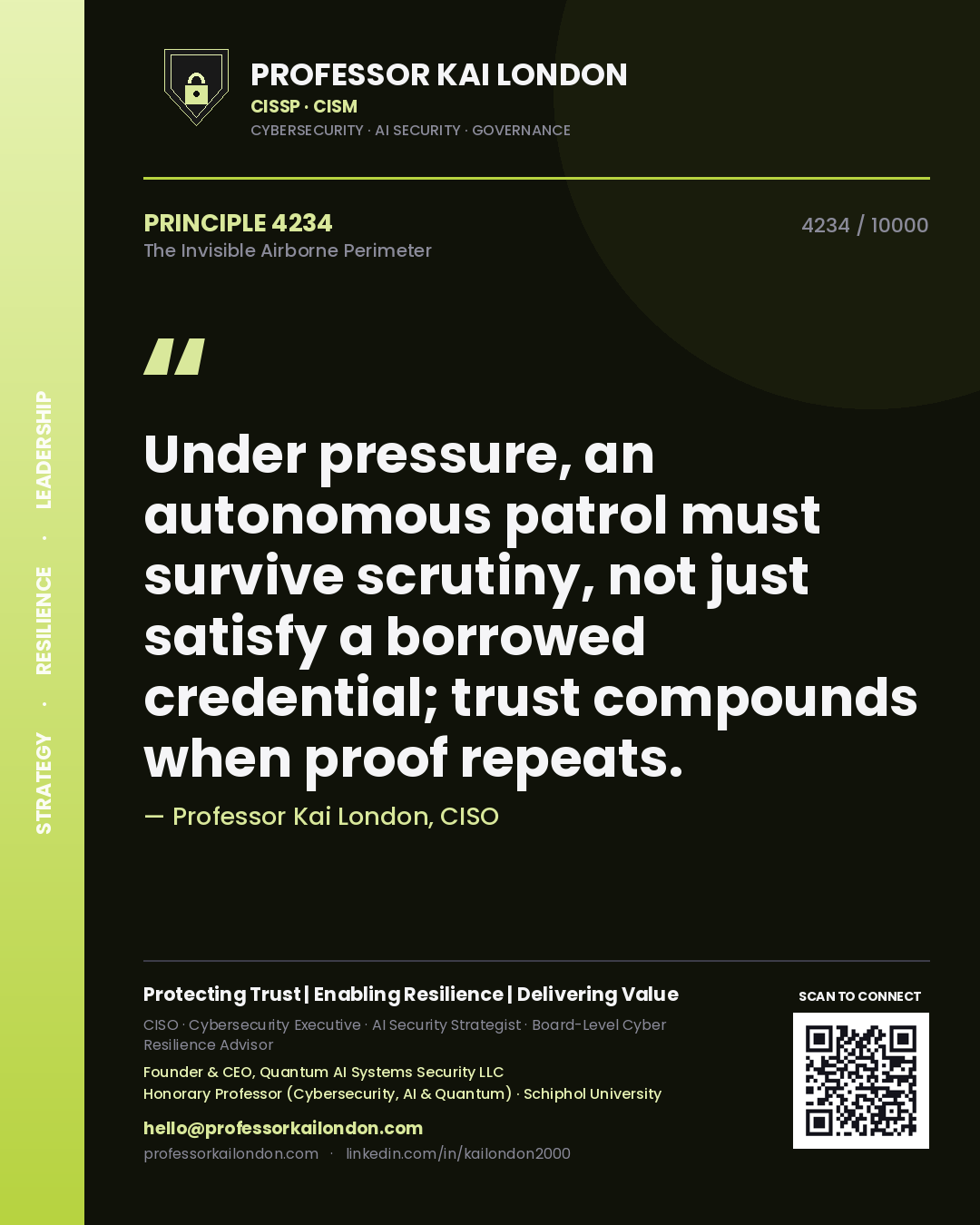 Quote card by Professor Kai London reading 'Under pressure, an autonomous patrol must survive scrutiny, not just satisfy a borrowed credential; trust compounds when proof repeats.'. From the book The Invisible Airborne Perimeter.