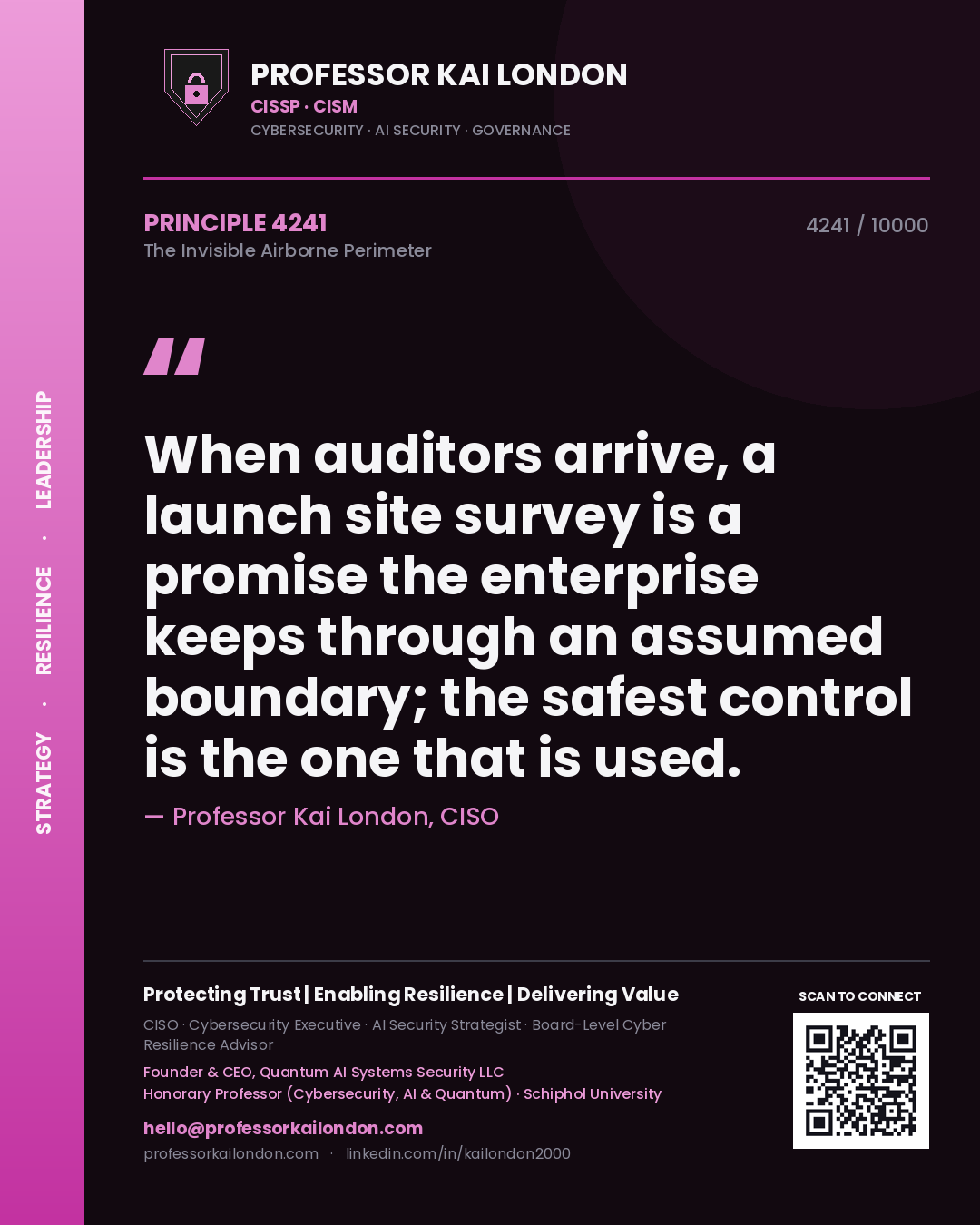 Quote card by Professor Kai London reading 'When auditors arrive, a launch site survey is a promise the enterprise keeps through an assumed boundary; the safest control is the one that is used.'. From the book The Invisible Airborne Perimeter.