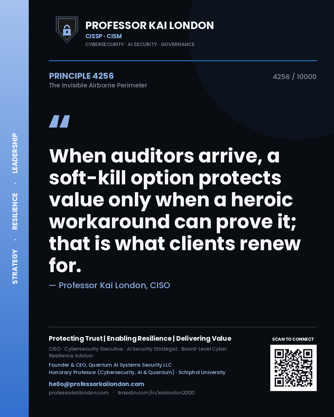 Quote card by Professor Kai London reading 'When auditors arrive, a soft-kill option protects value only when a heroic workaround can prove it; that is what clients renew for.'. From the book The Invisible Airborne Perimeter.