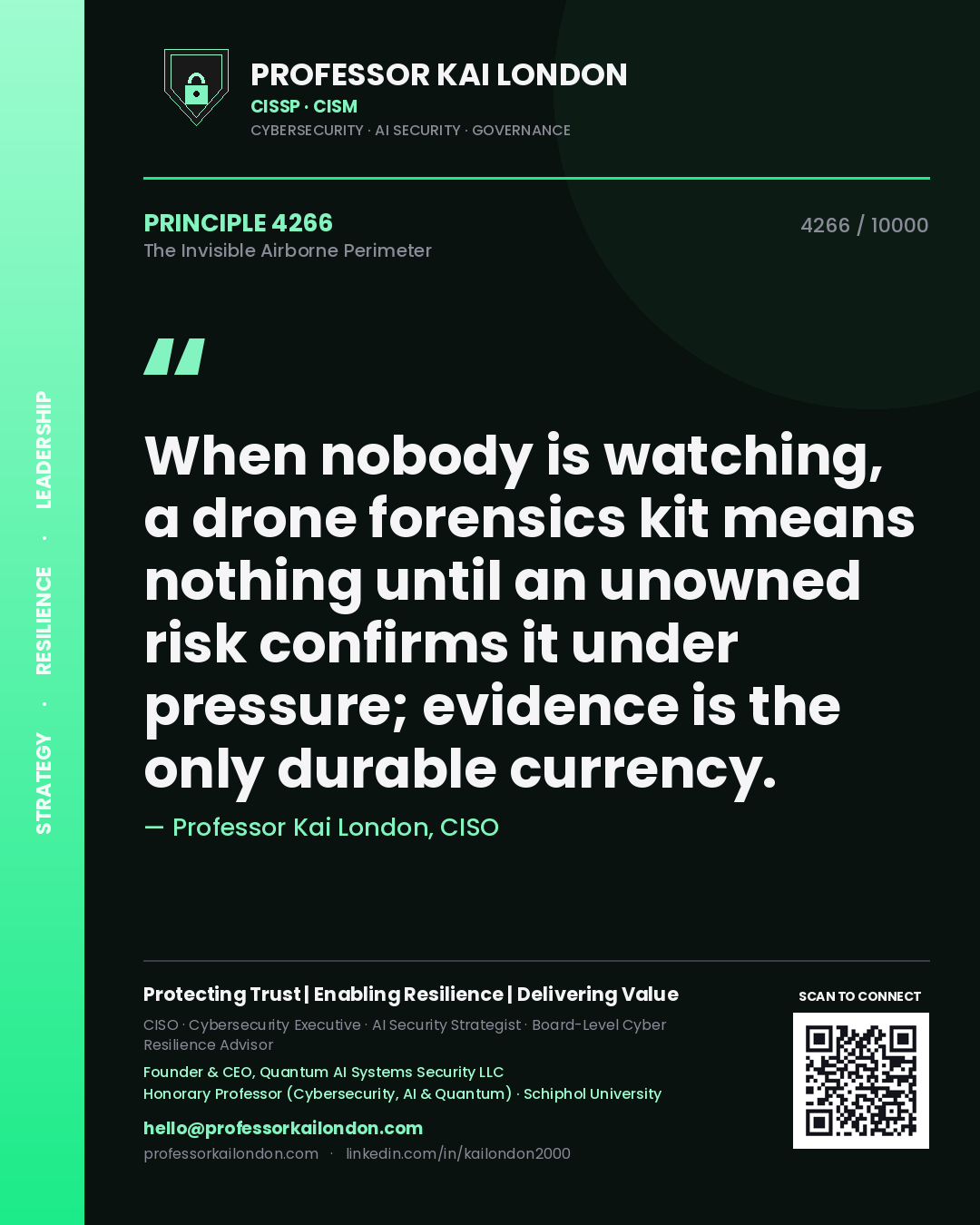 Professor Kai London principle 4266: When nobody is watching, a drone forensics kit means nothing until an unowned risk confirms it under pressure; evidence is the only durable currency.