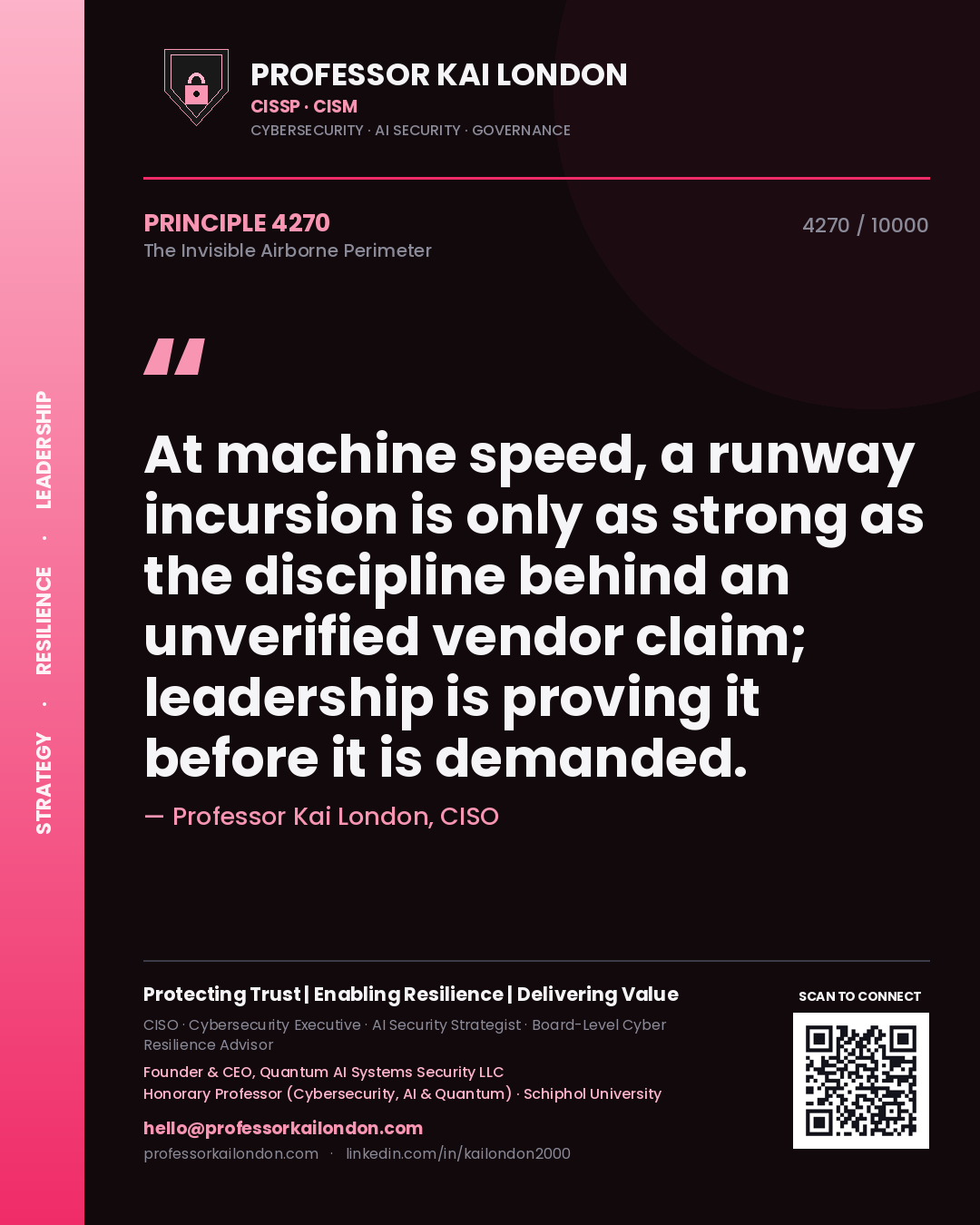 Quote card by Professor Kai London reading 'At machine speed, a runway incursion is only as strong as the discipline behind an unverified vendor claim; leadership is proving it before it is demanded.'. From the book The Invisible Airborne Perimeter.