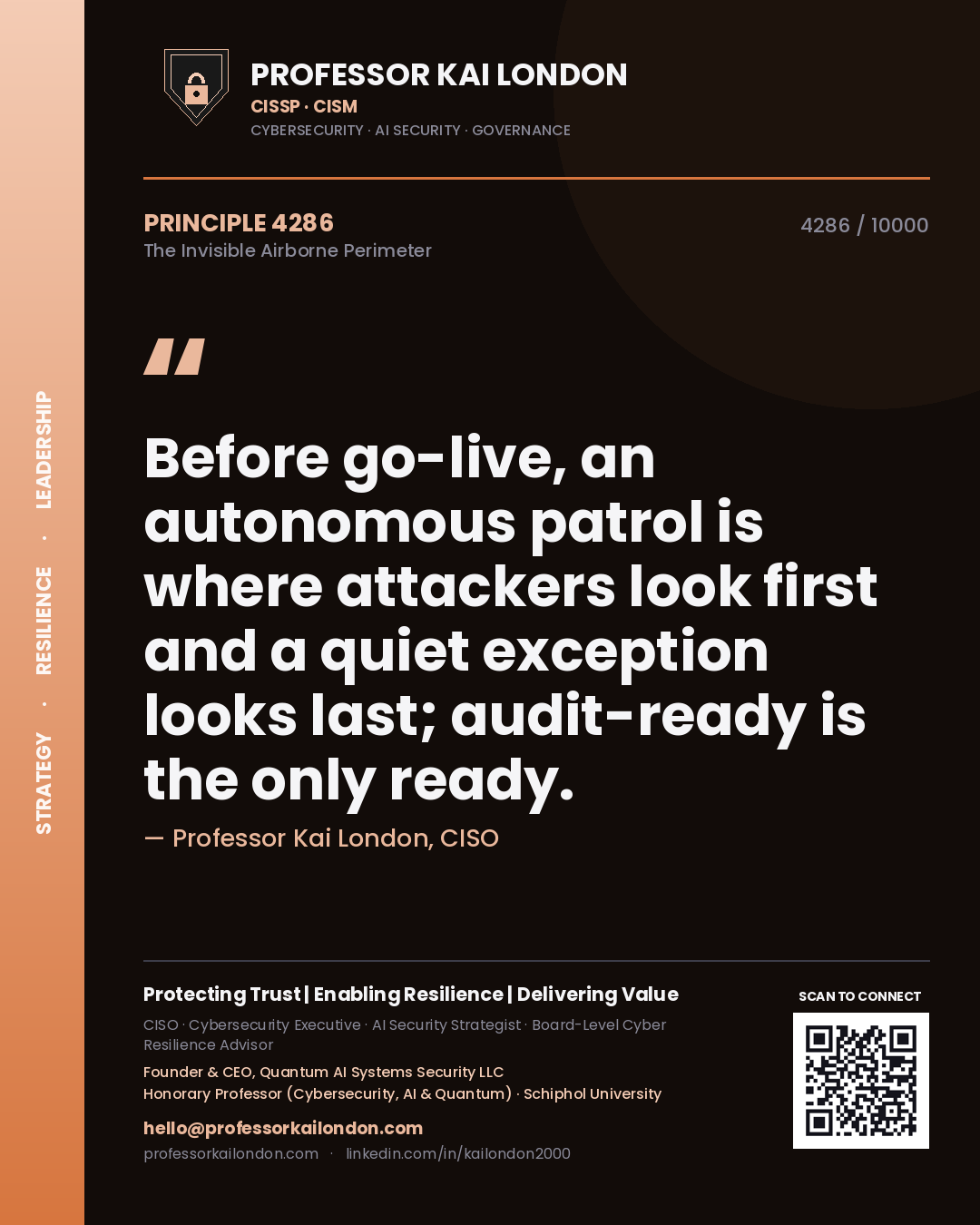 Quote card by Professor Kai London reading 'Before go-live, an autonomous patrol is where attackers look first and a quiet exception looks last; audit-ready is the only ready.'. From the book The Invisible Airborne Perimeter.