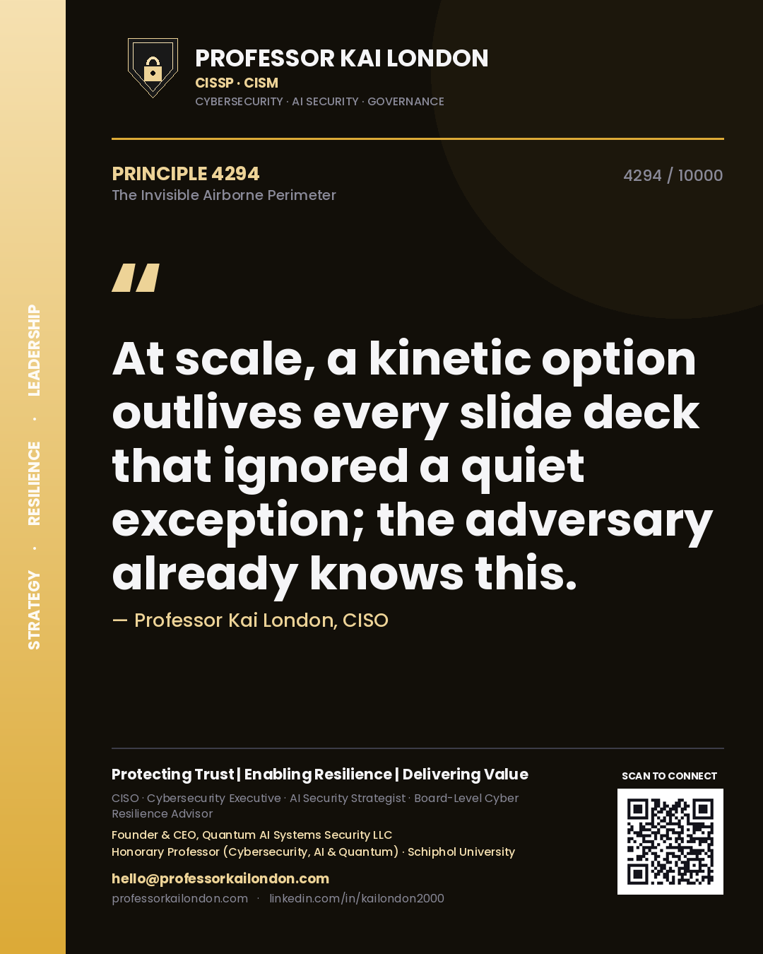 Quote card by Professor Kai London reading 'At scale, a kinetic option outlives every slide deck that ignored a quiet exception; the adversary already knows this.'. From the book The Invisible Airborne Perimeter.