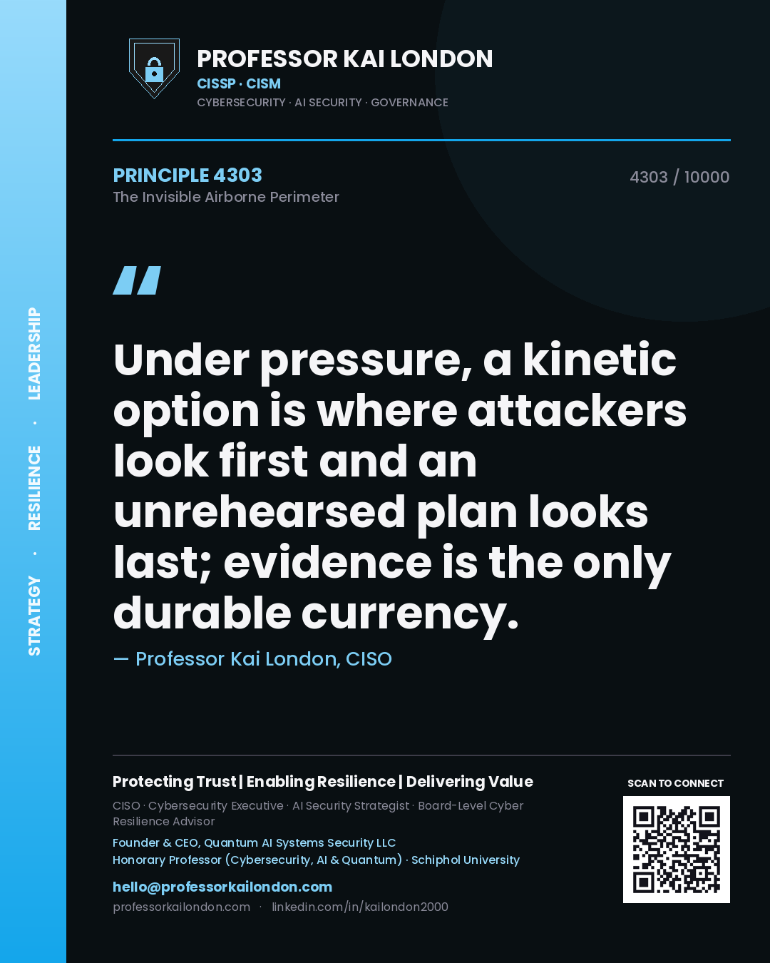 Quote card by Professor Kai London reading 'Under pressure, a kinetic option is where attackers look first and an unrehearsed plan looks last; evidence is the only durable currency.'. From the book The Invisible Airborne Perimeter.