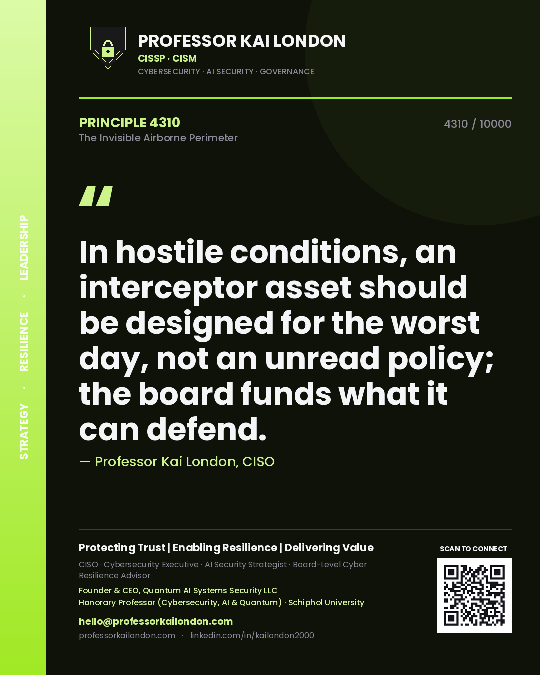 Quote card by Professor Kai London reading 'In hostile conditions, an interceptor asset should be designed for the worst day, not an unread policy; the board funds what it can defend.'. From the book The Invisible Airborne Perimeter.
