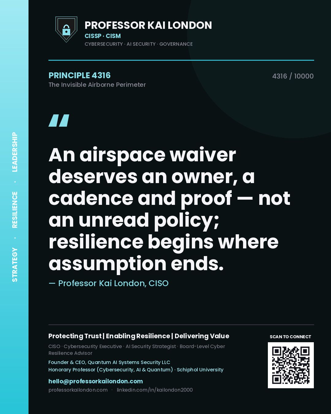 Quote card by Professor Kai London reading 'An airspace waiver deserves an owner, a cadence and proof — not an unread policy; resilience begins where assumption ends.'. From the book The Invisible Airborne Perimeter.