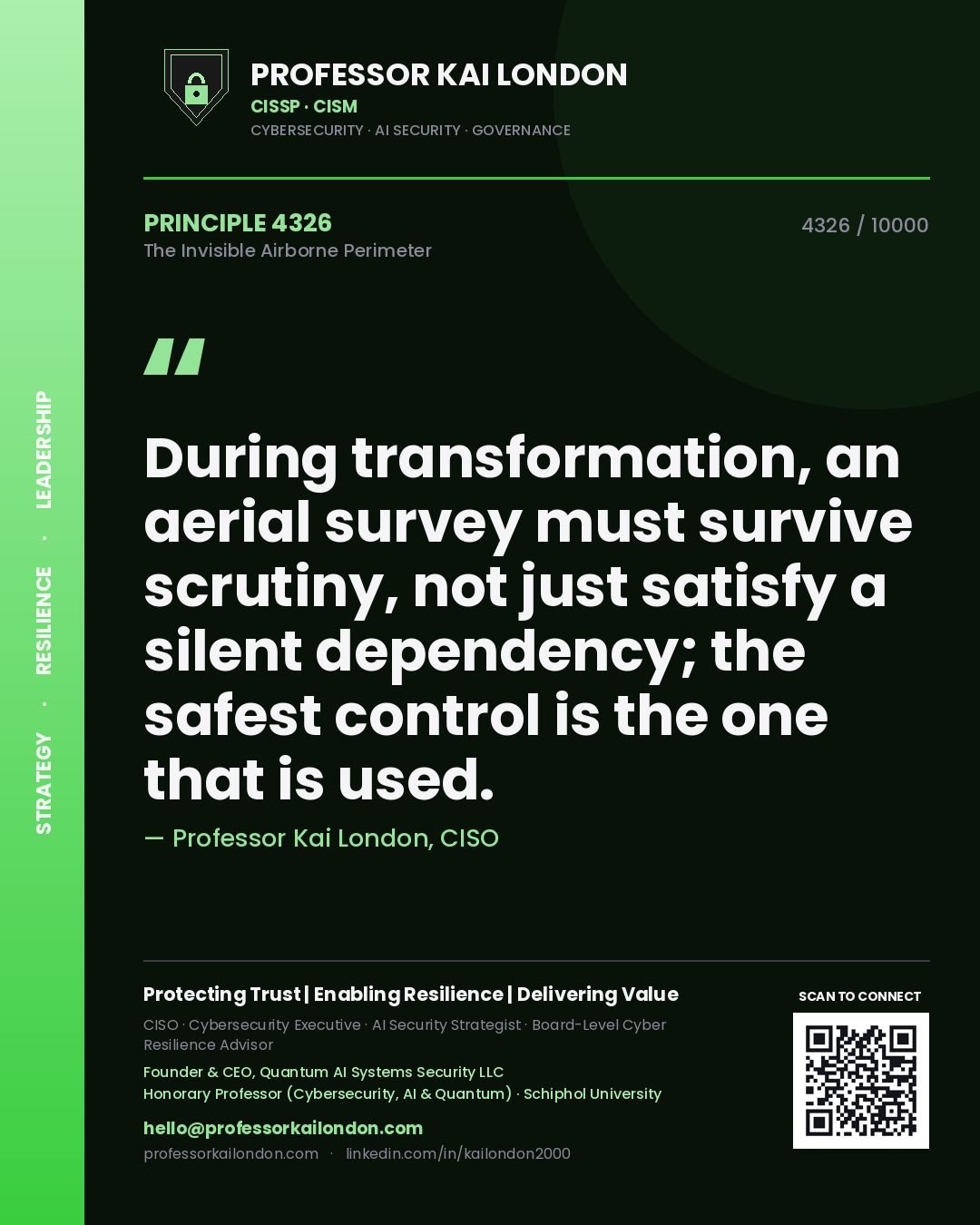 Quote card by Professor Kai London reading 'During transformation, an aerial survey must survive scrutiny, not just satisfy a silent dependency; the safest control is the one that is used.'. From the book The Invisible Airborne Perimeter.