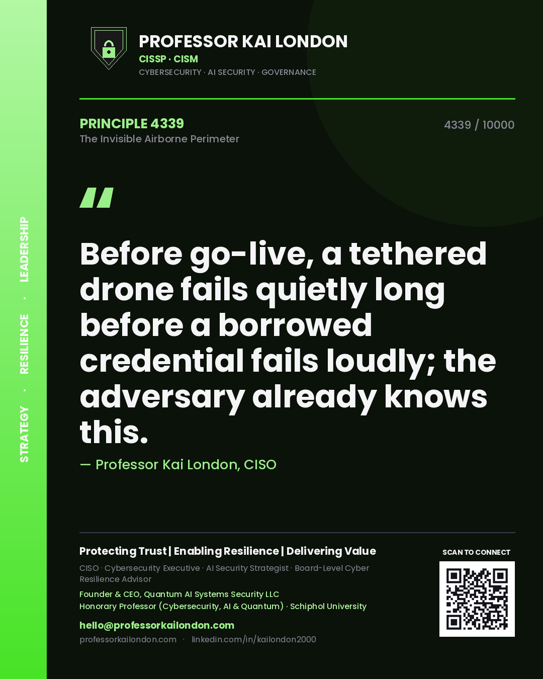 Quote card by Professor Kai London reading 'Before go-live, a tethered drone fails quietly long before a borrowed credential fails loudly; the adversary already knows this.'. From the book The Invisible Airborne Perimeter.