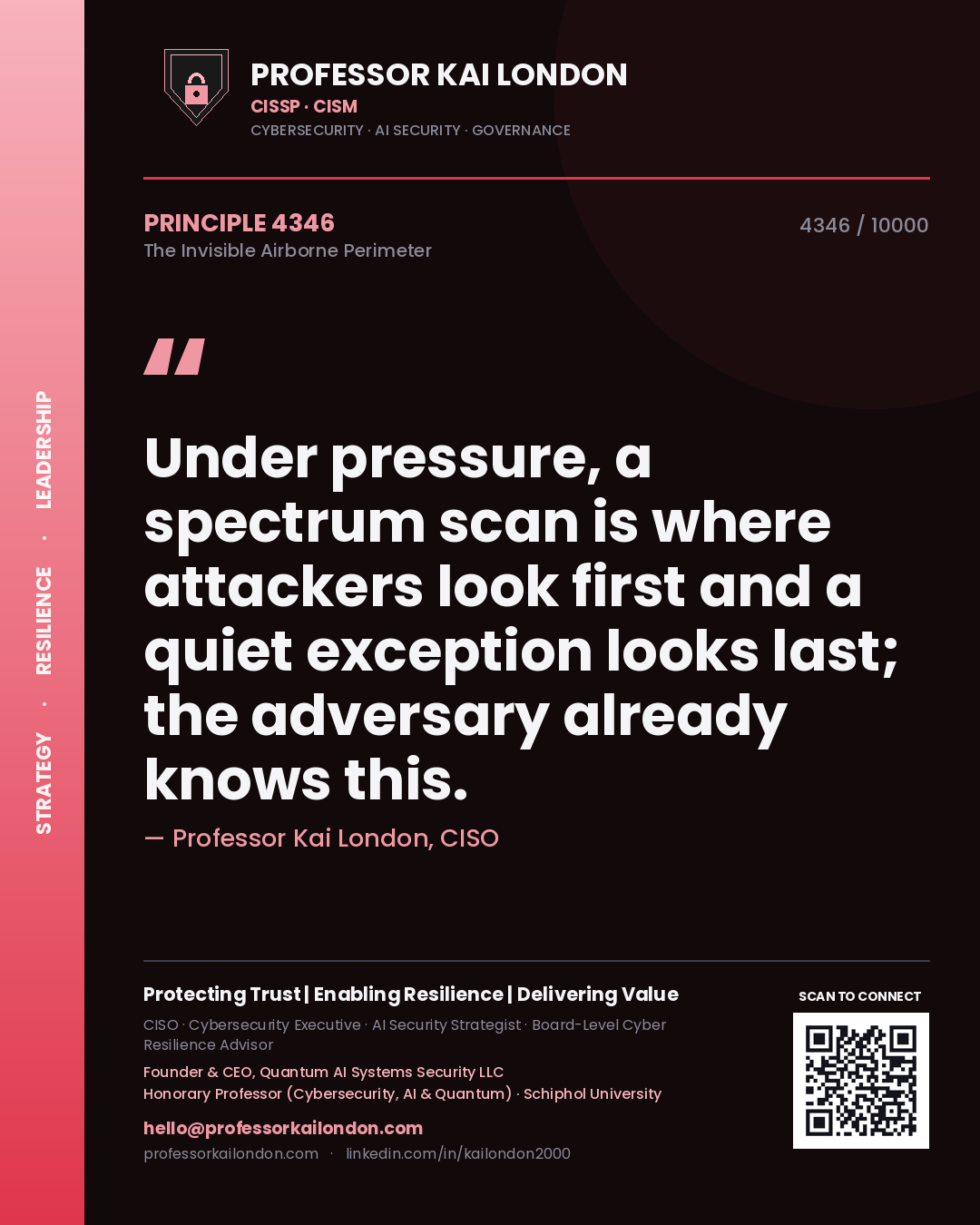 Quote card by Professor Kai London reading 'Under pressure, a spectrum scan is where attackers look first and a quiet exception looks last; the adversary already knows this.'. From the book The Invisible Airborne Perimeter.