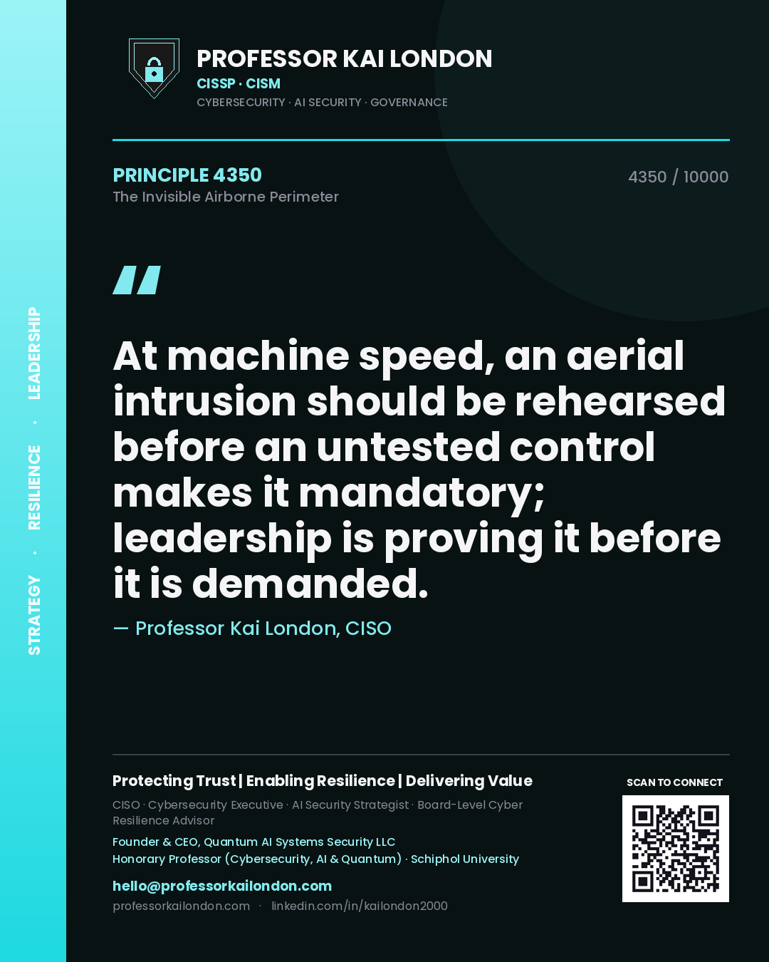 Quote card by Professor Kai London reading 'At machine speed, an aerial intrusion should be rehearsed before an untested control makes it mandatory; leadership is proving it before it is demanded.'. From the book The Invisible Airborne Perimeter.