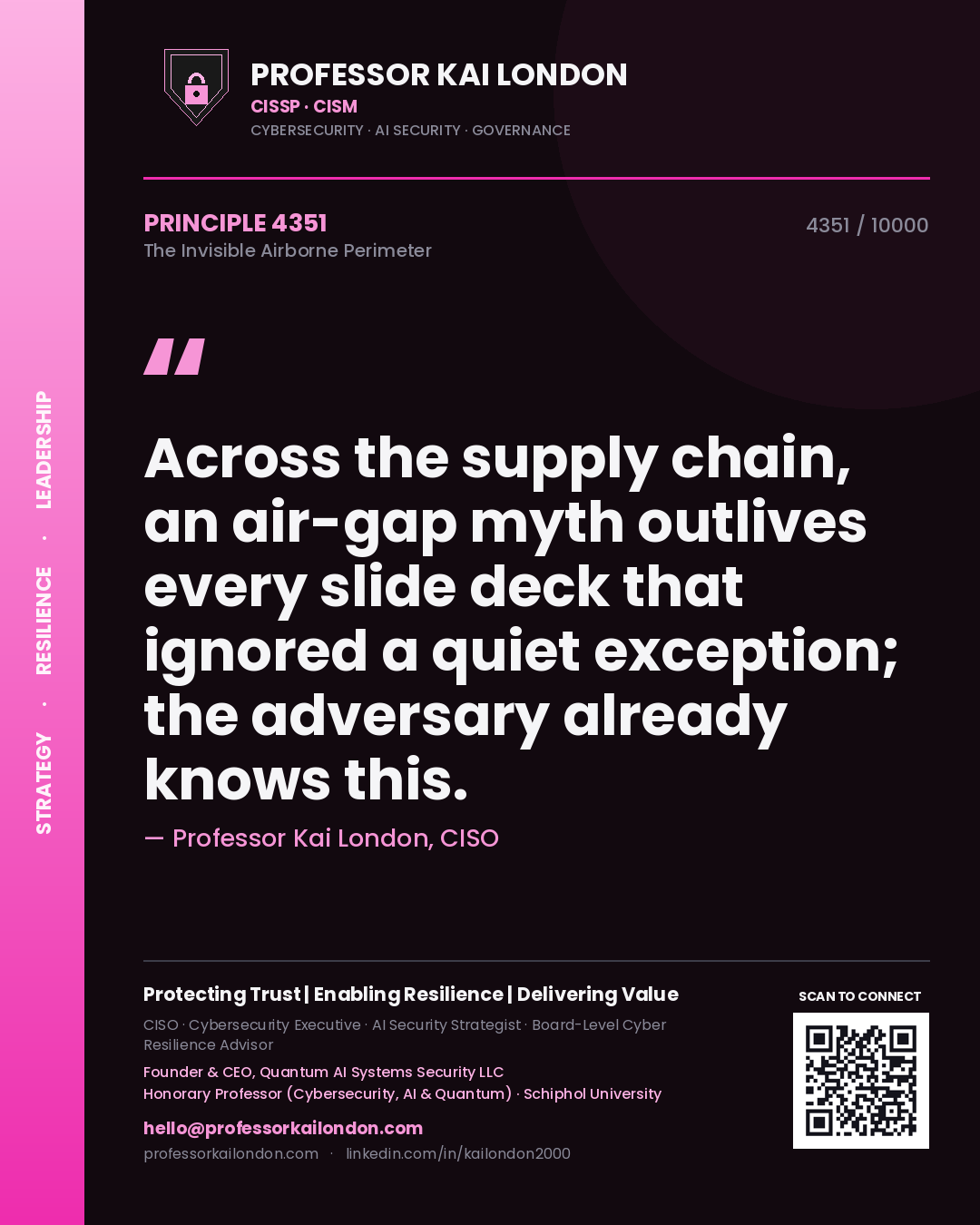Quote card by Professor Kai London reading 'Across the supply chain, an air-gap myth outlives every slide deck that ignored a quiet exception; the adversary already knows this.'. From the book The Invisible Airborne Perimeter.