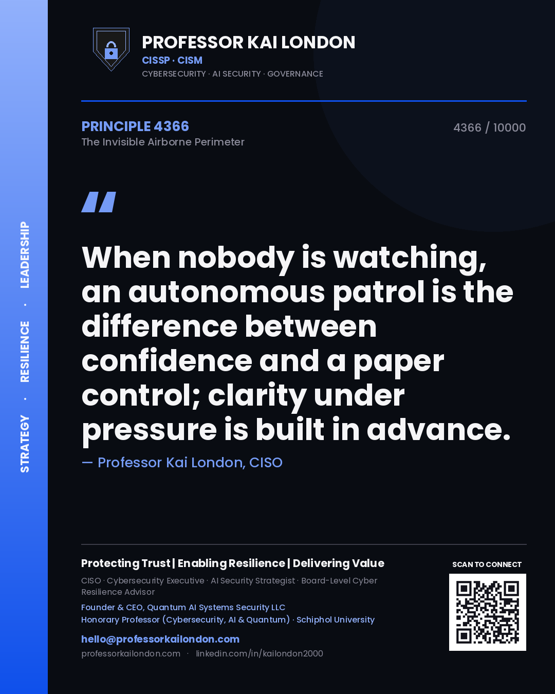 Quote card by Professor Kai London reading 'When nobody is watching, an autonomous patrol is the difference between confidence and a paper control; clarity under pressure is built in advance.'. From the book The Invisible Airborne Perimeter.