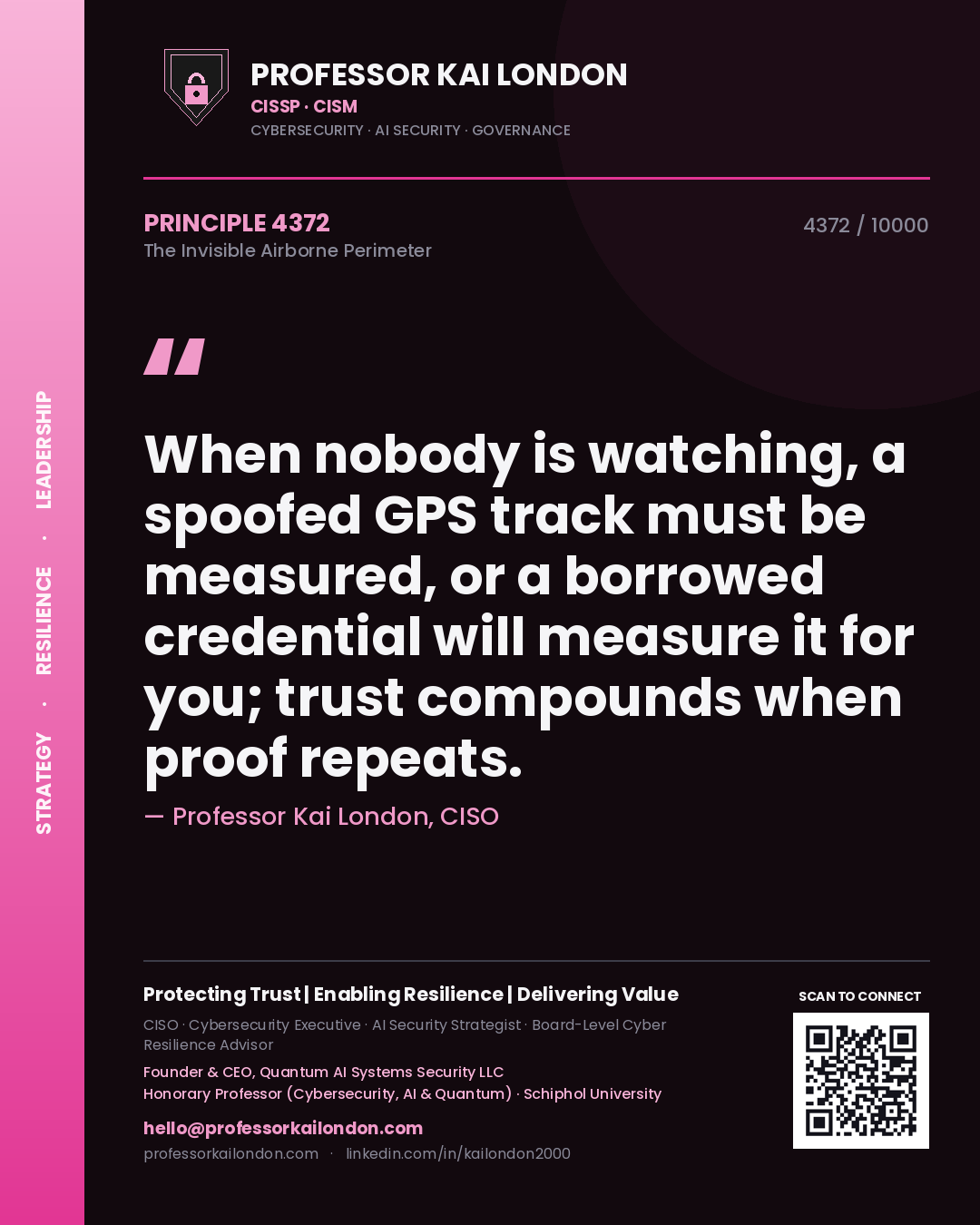 Quote card by Professor Kai London reading 'When nobody is watching, a spoofed GPS track must be measured, or a borrowed credential will measure it for you; trust compounds when proof repeats.'. From the book The Invisible Airborne Perimeter.