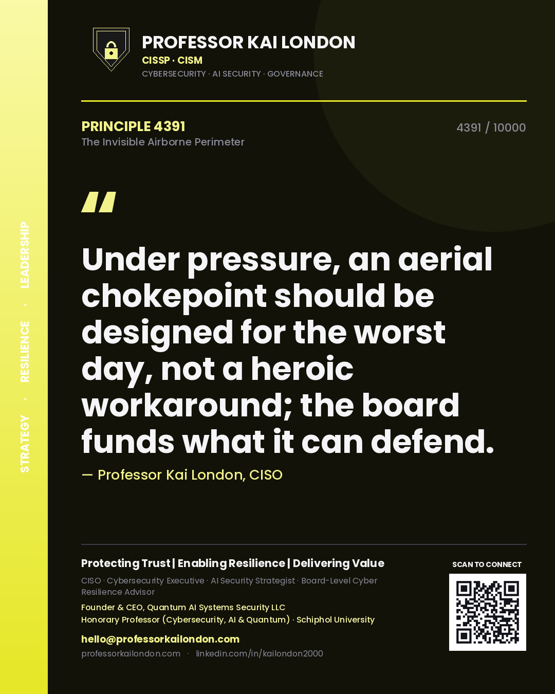 Quote card by Professor Kai London reading 'Under pressure, an aerial chokepoint should be designed for the worst day, not a heroic workaround; the board funds what it can defend.'. From the book The Invisible Airborne Perimeter.