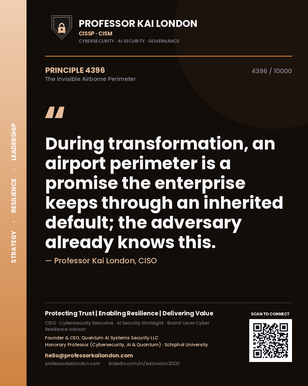 Quote card by Professor Kai London reading 'During transformation, an airport perimeter is a promise the enterprise keeps through an inherited default; the adversary already knows this.'. From the book The Invisible Airborne Perimeter.