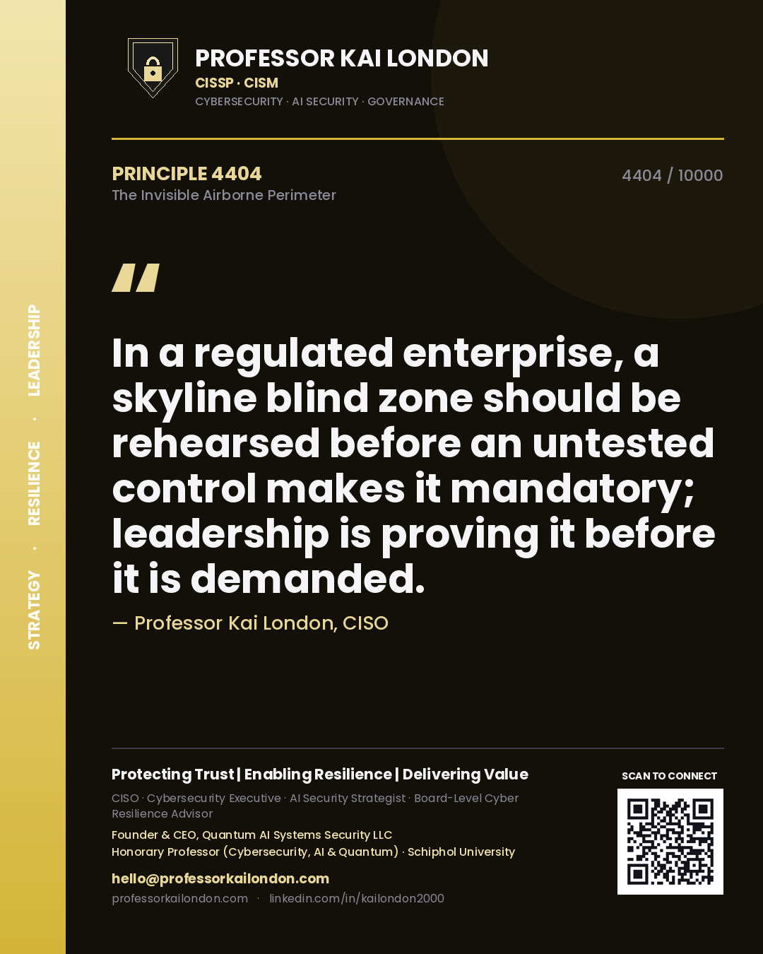 Professor Kai London principle 4404: In a regulated enterprise, a skyline blind zone should be rehearsed before an untested control makes it mandatory; leadership is proving it before it is demanded.