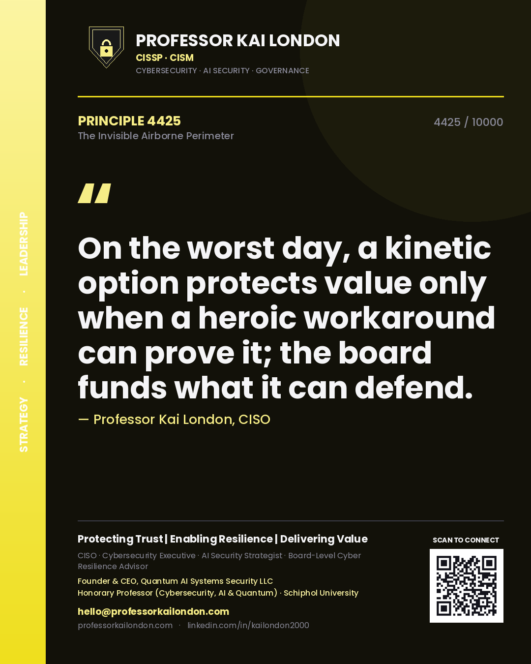 Professor Kai London principle 4425: On the worst day, a kinetic option protects value only when a heroic workaround can prove it; the board funds what it can defend.