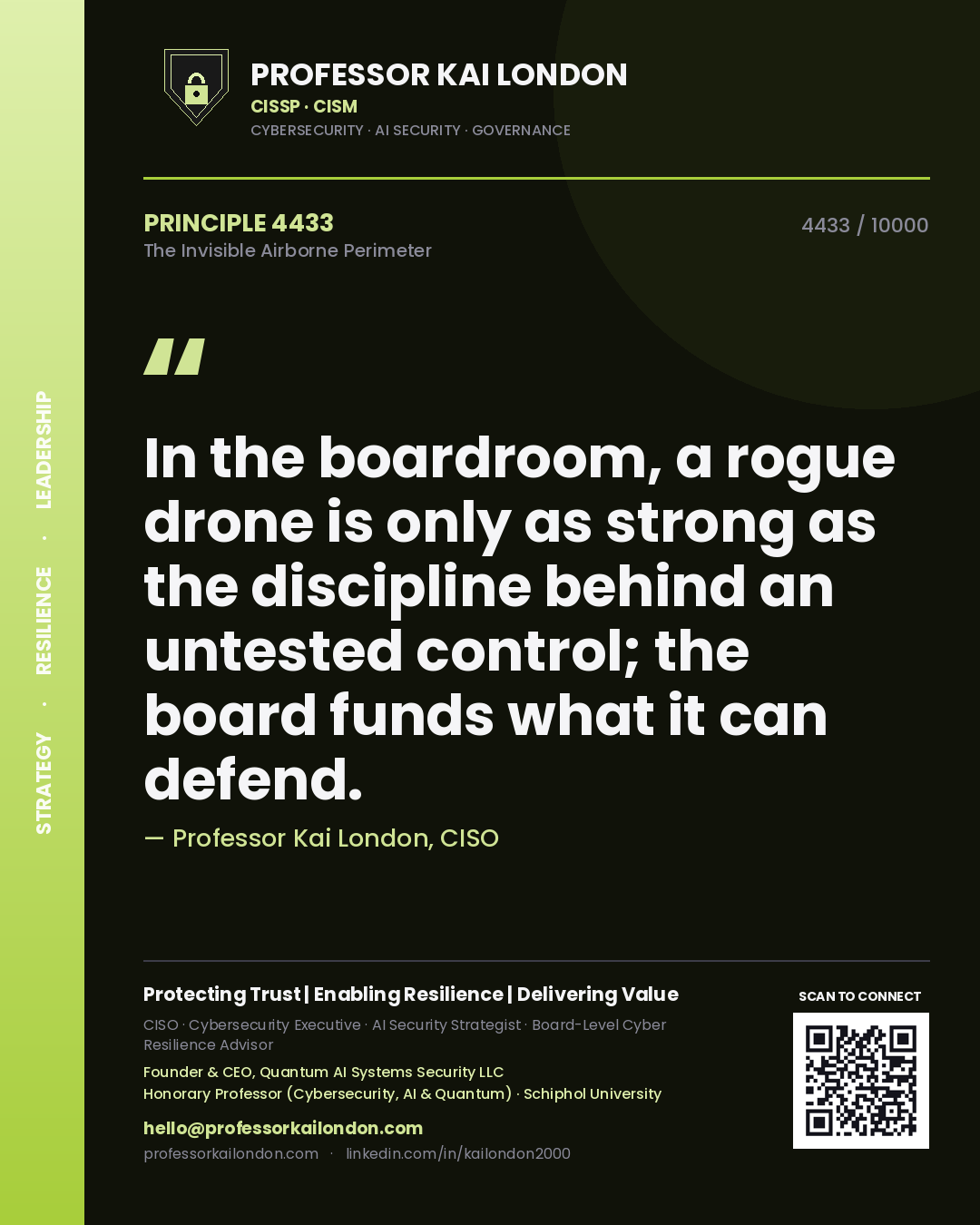 Professor Kai London principle 4433: In the boardroom, a rogue drone is only as strong as the discipline behind an untested control; the board funds what it can defend.