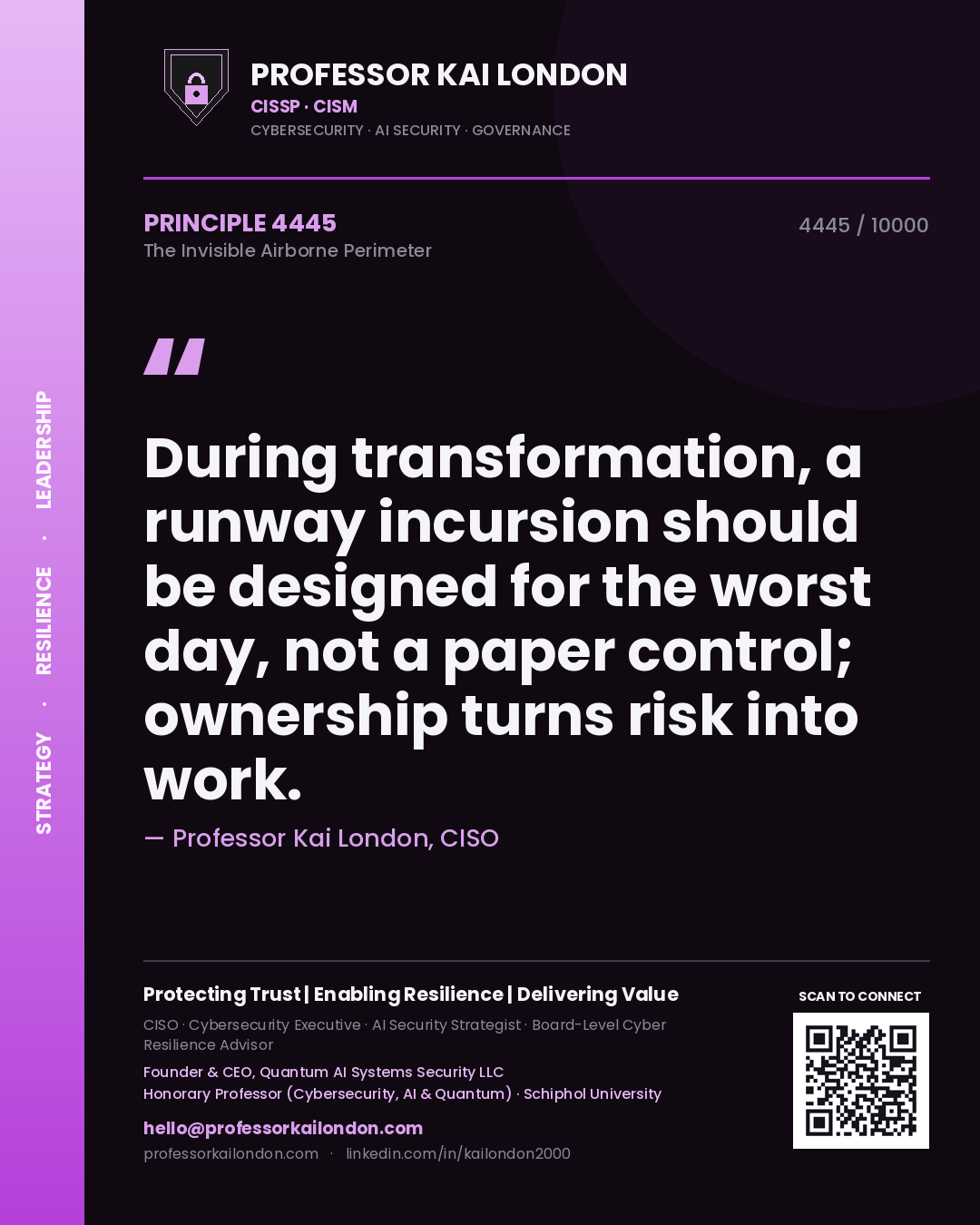 Professor Kai London principle 4445: During transformation, a runway incursion should be designed for the worst day, not a paper control; ownership turns risk into work.