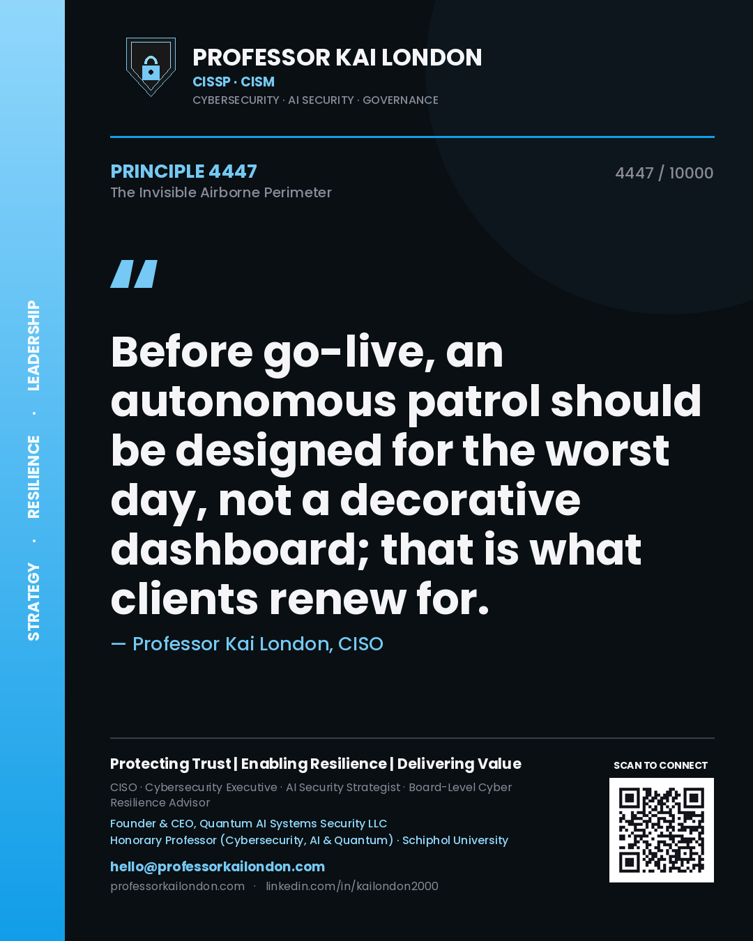 Professor Kai London principle 4447: Before go-live, an autonomous patrol should be designed for the worst day, not a decorative dashboard; that is what clients renew for.