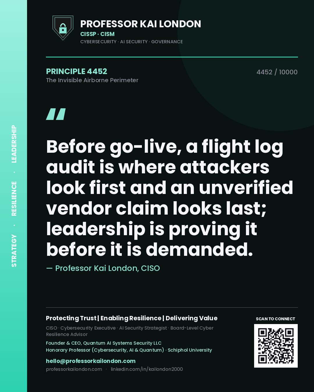 Professor Kai London principle 4452: Before go-live, a flight log audit is where attackers look first and an unverified vendor claim looks last; leadership is proving it before it is demanded.