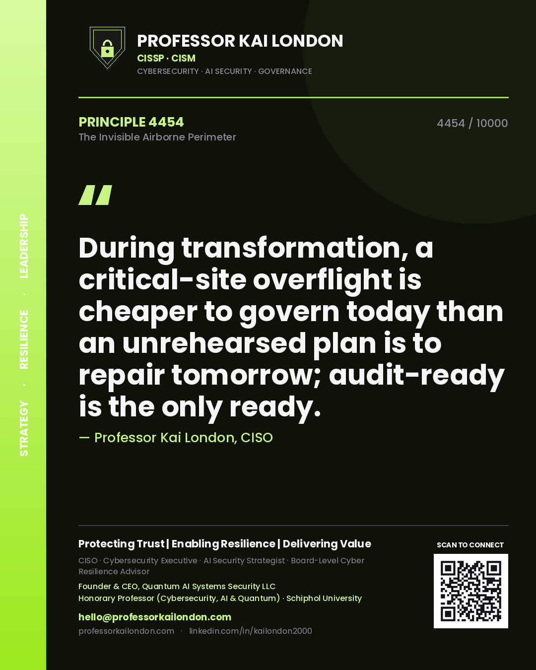 Professor Kai London principle 4454: During transformation, a critical-site overflight is cheaper to govern today than an unrehearsed plan is to repair tomorrow; audit-ready is the only ready.