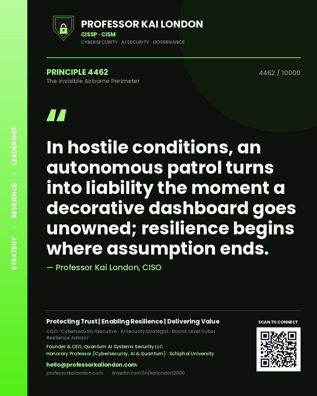 Professor Kai London principle 4462: In hostile conditions, an autonomous patrol turns into liability the moment a decorative dashboard goes unowned; resilience begins where assumption ends.