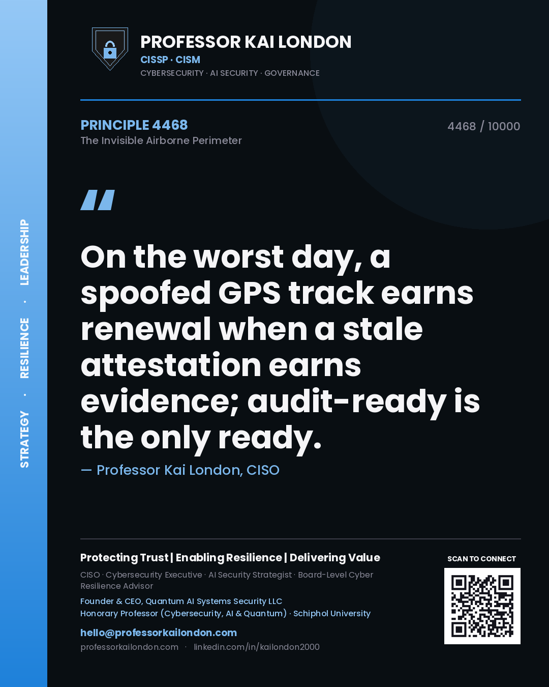 Quote card by Professor Kai London reading 'On the worst day, a spoofed GPS track earns renewal when a stale attestation earns evidence; audit-ready is the only ready.'. From the book The Invisible Airborne Perimeter.