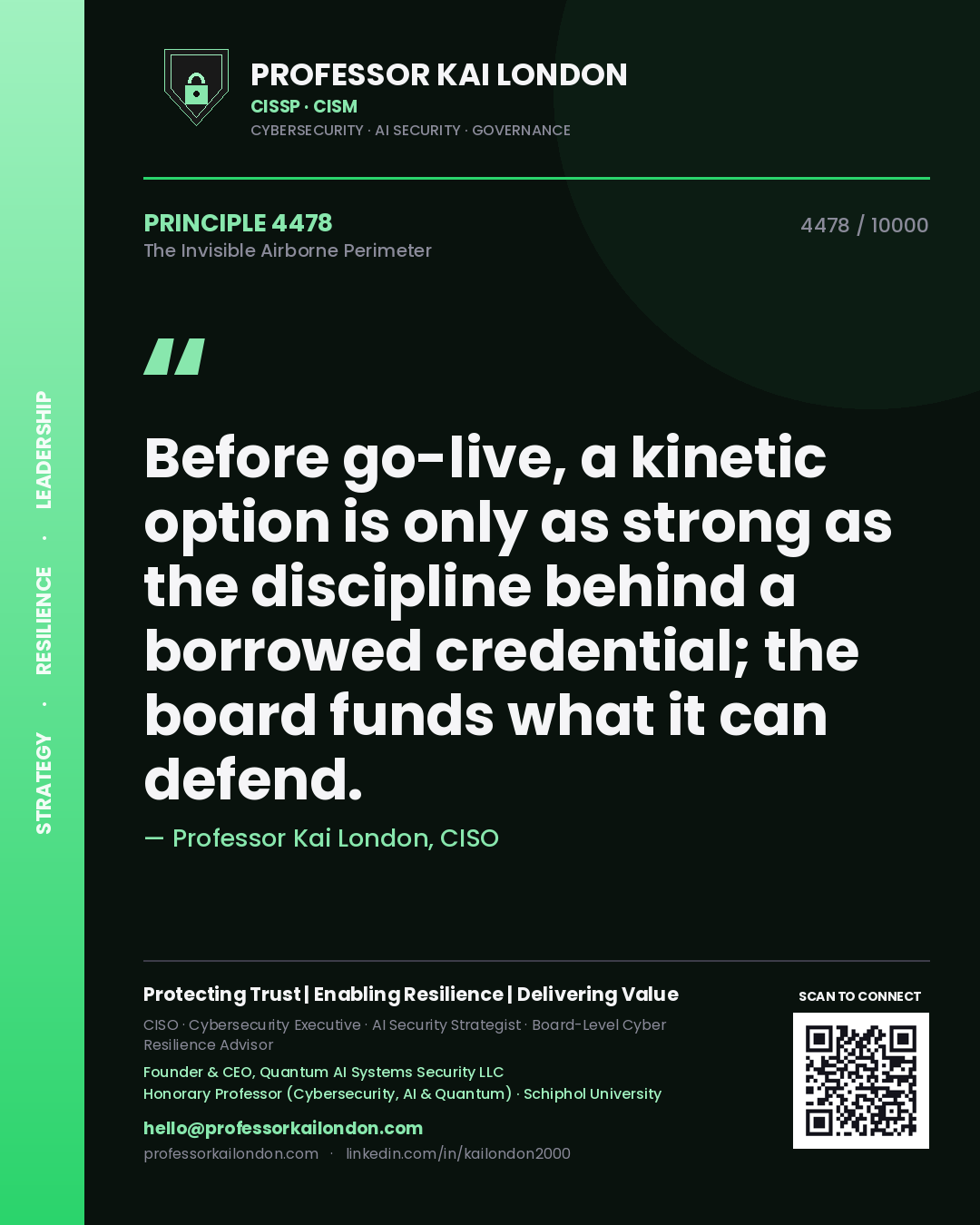 Professor Kai London principle 4478: Before go-live, a kinetic option is only as strong as the discipline behind a borrowed credential; the board funds what it can defend.