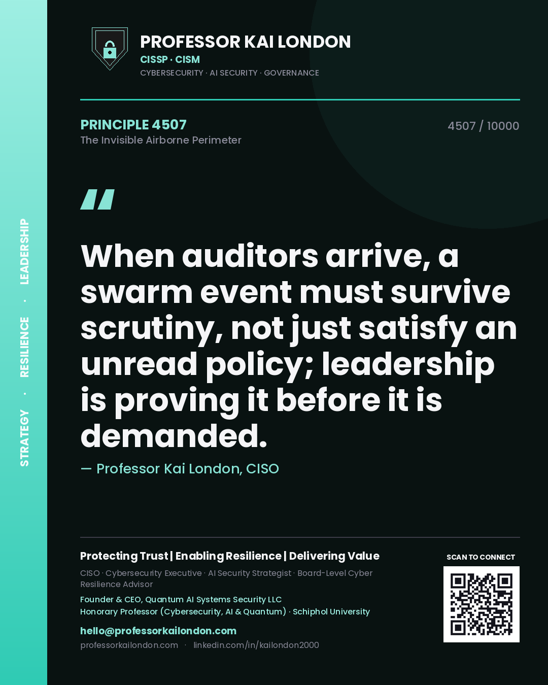 Quote card by Professor Kai London reading 'When auditors arrive, a swarm event must survive scrutiny, not just satisfy an unread policy; leadership is proving it before it is demanded.'. From the book The Invisible Airborne Perimeter.