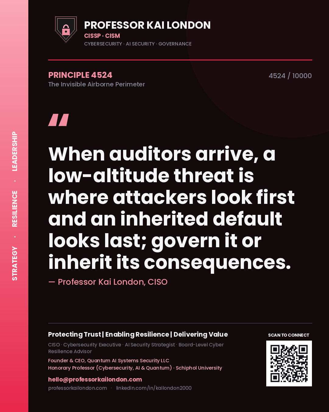 Quote card by Professor Kai London reading 'When auditors arrive, a low-altitude threat is where attackers look first and an inherited default looks last; govern it or inherit its consequences.'. From the book The Invisible Airborne Perimeter.