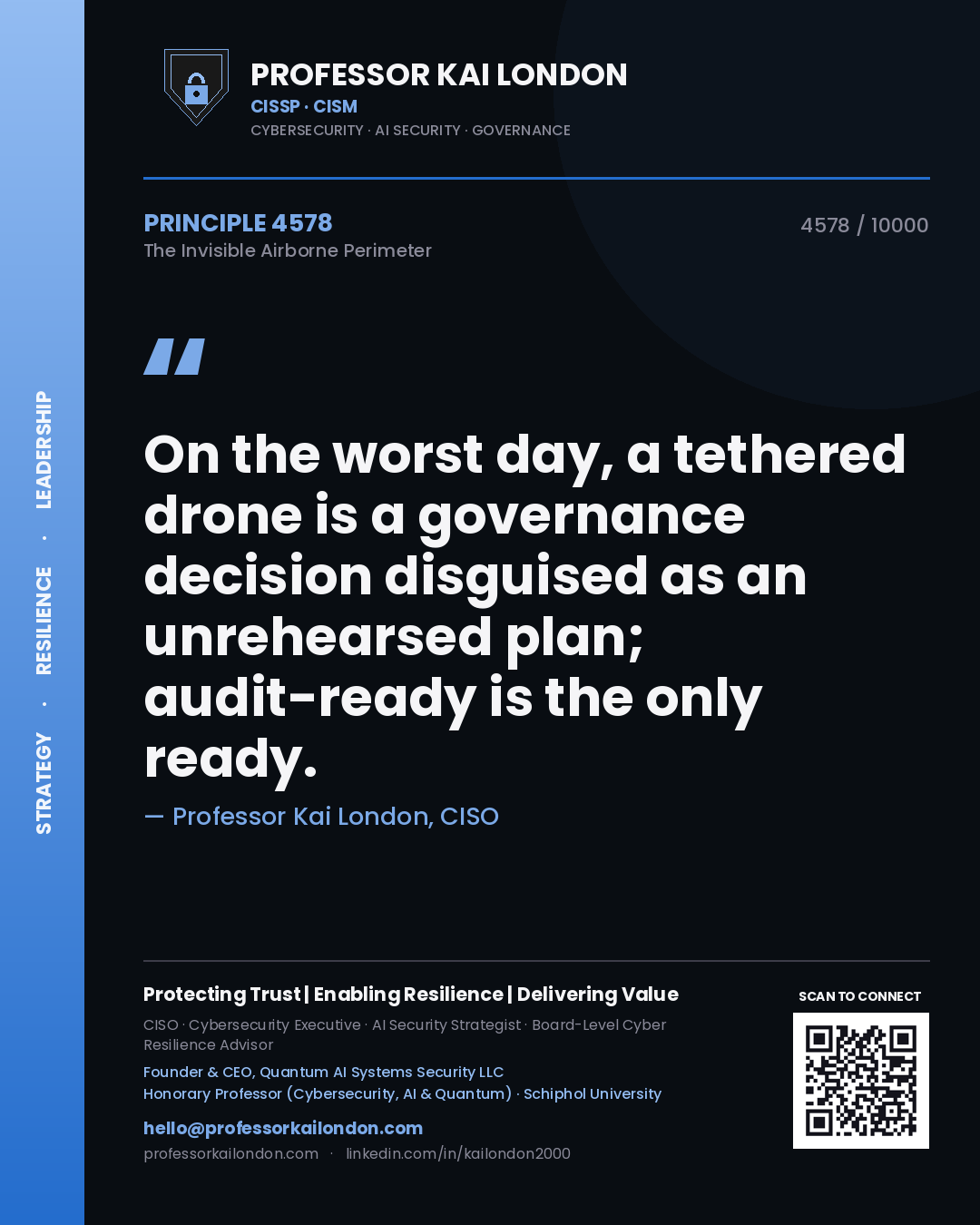 Quote card by Professor Kai London reading 'On the worst day, a tethered drone is a governance decision disguised as an unrehearsed plan; audit-ready is the only ready.'. From the book The Invisible Airborne Perimeter.