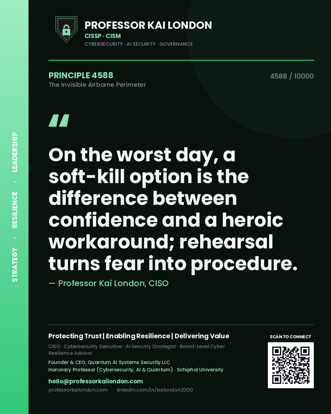 Quote card by Professor Kai London reading 'On the worst day, a soft-kill option is the difference between confidence and a heroic workaround; rehearsal turns fear into procedure.'. From the book The Invisible Airborne Perimeter.